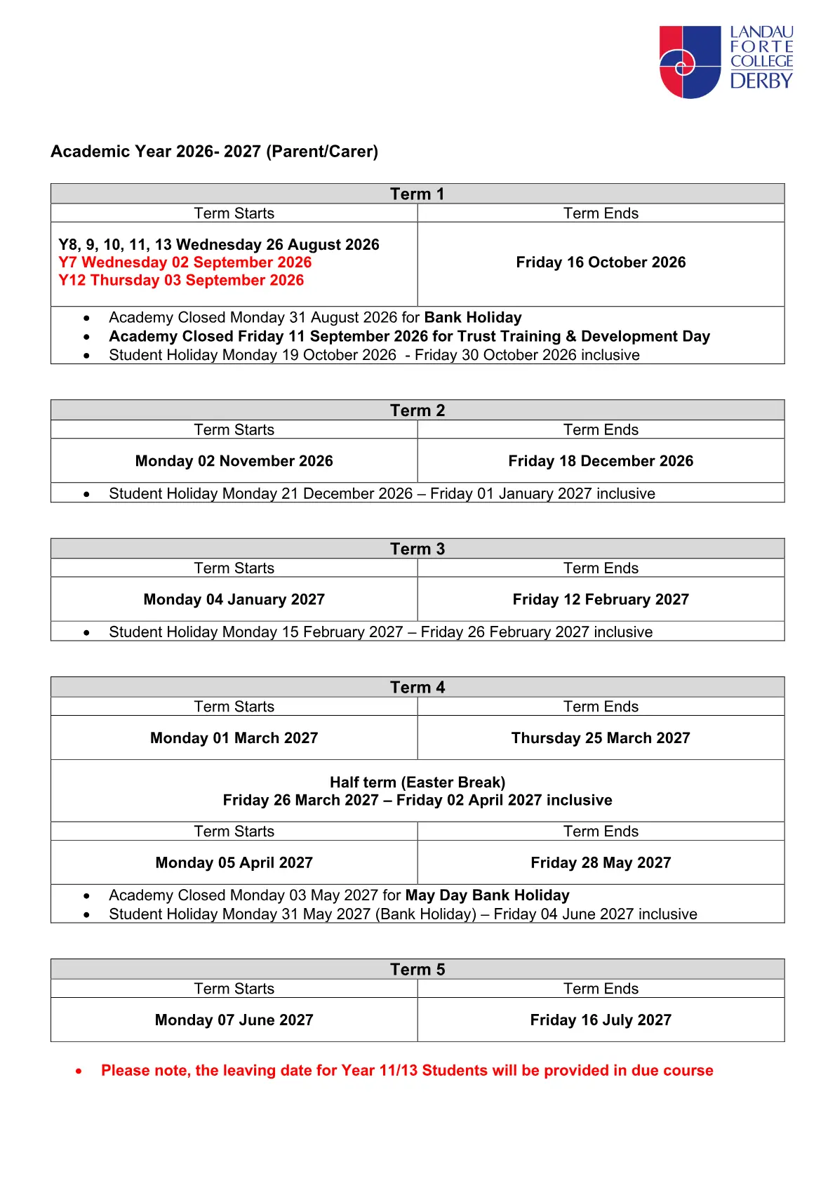 Landau Forte College term dates