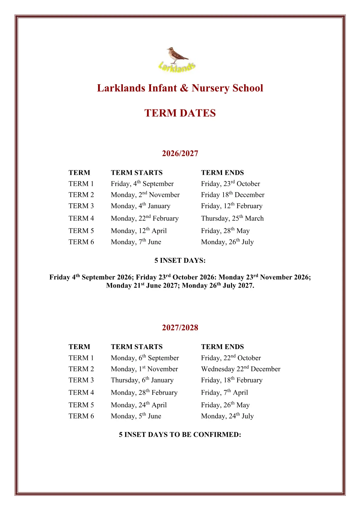 Larklands Infant School original calendar 2026–2027