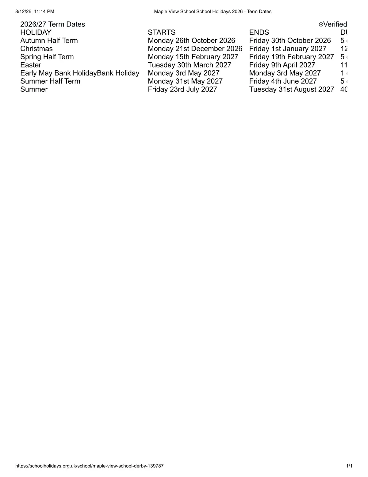 Maple View School term dates