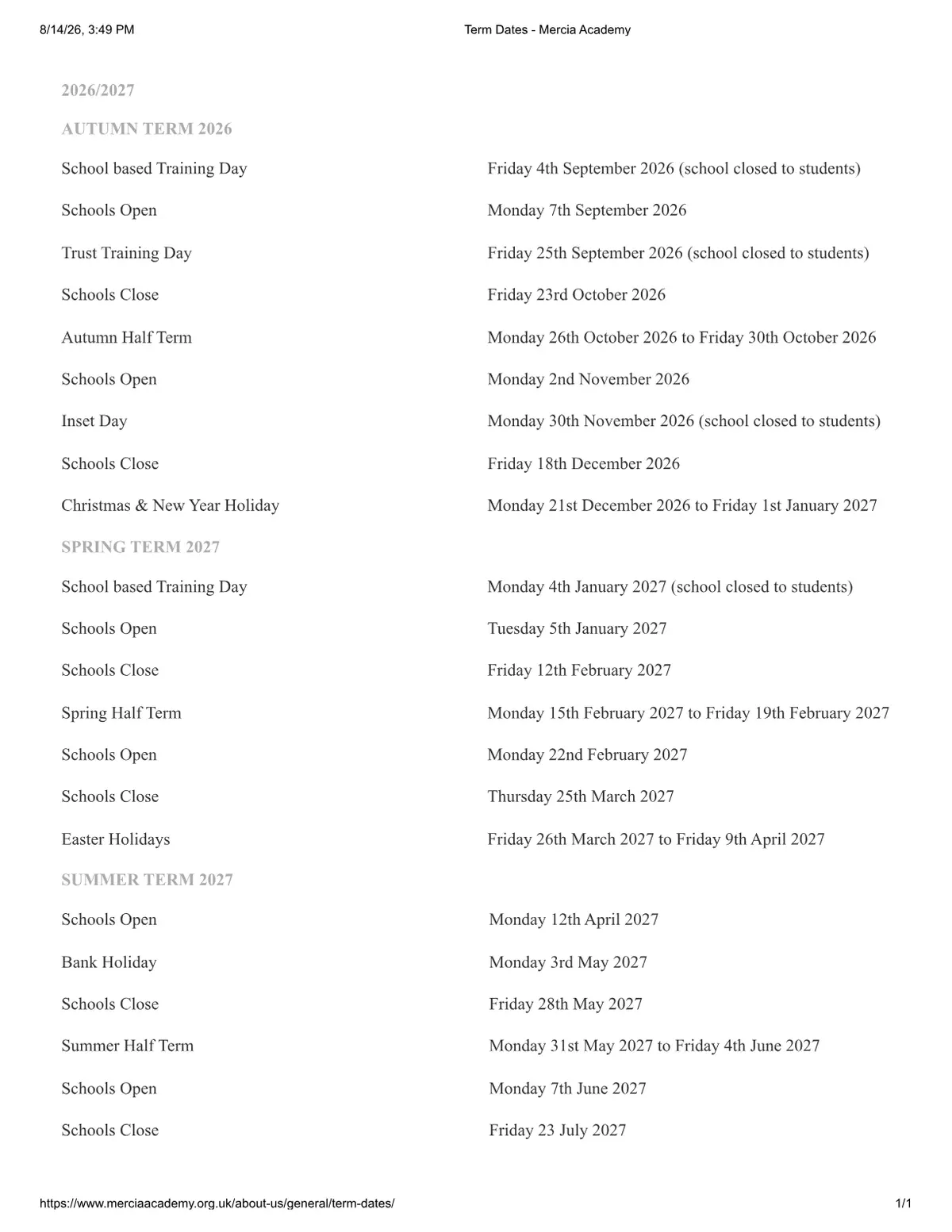 Mercia Academy term dates