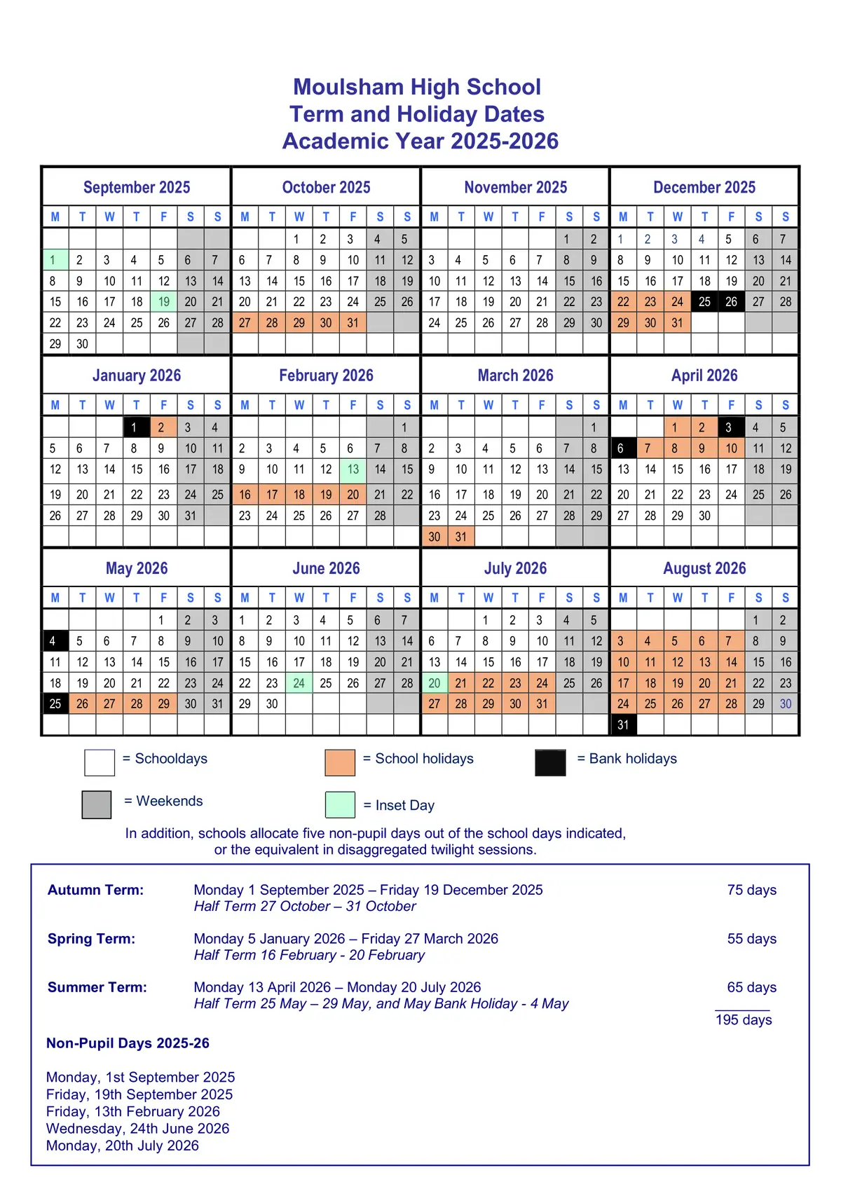 Moulsham High School term dates