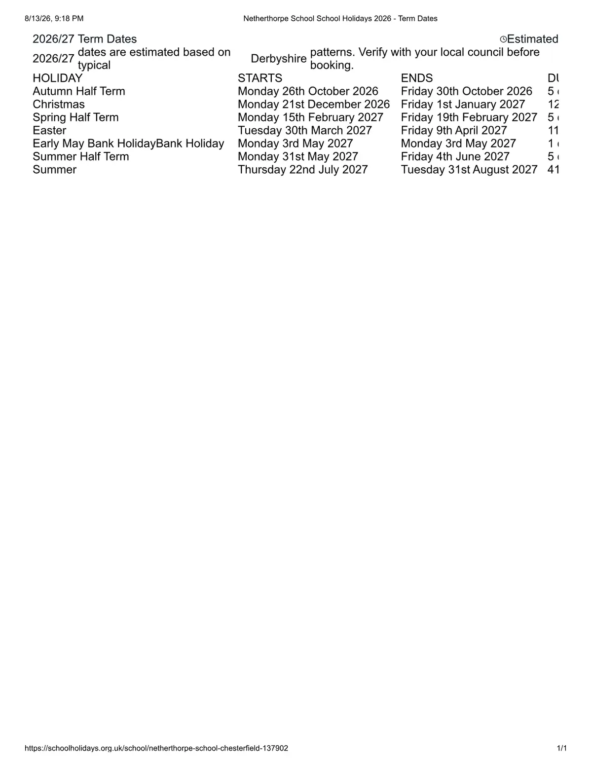 Netherthorpe School term dates