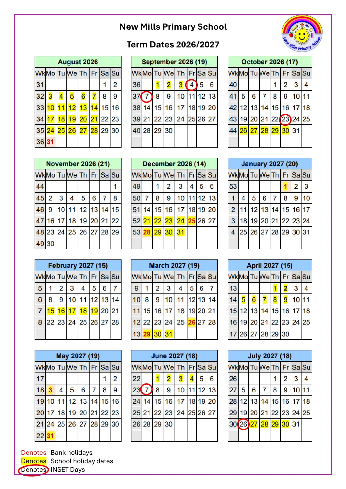 New Mills Primary School original calendar 2026–2027