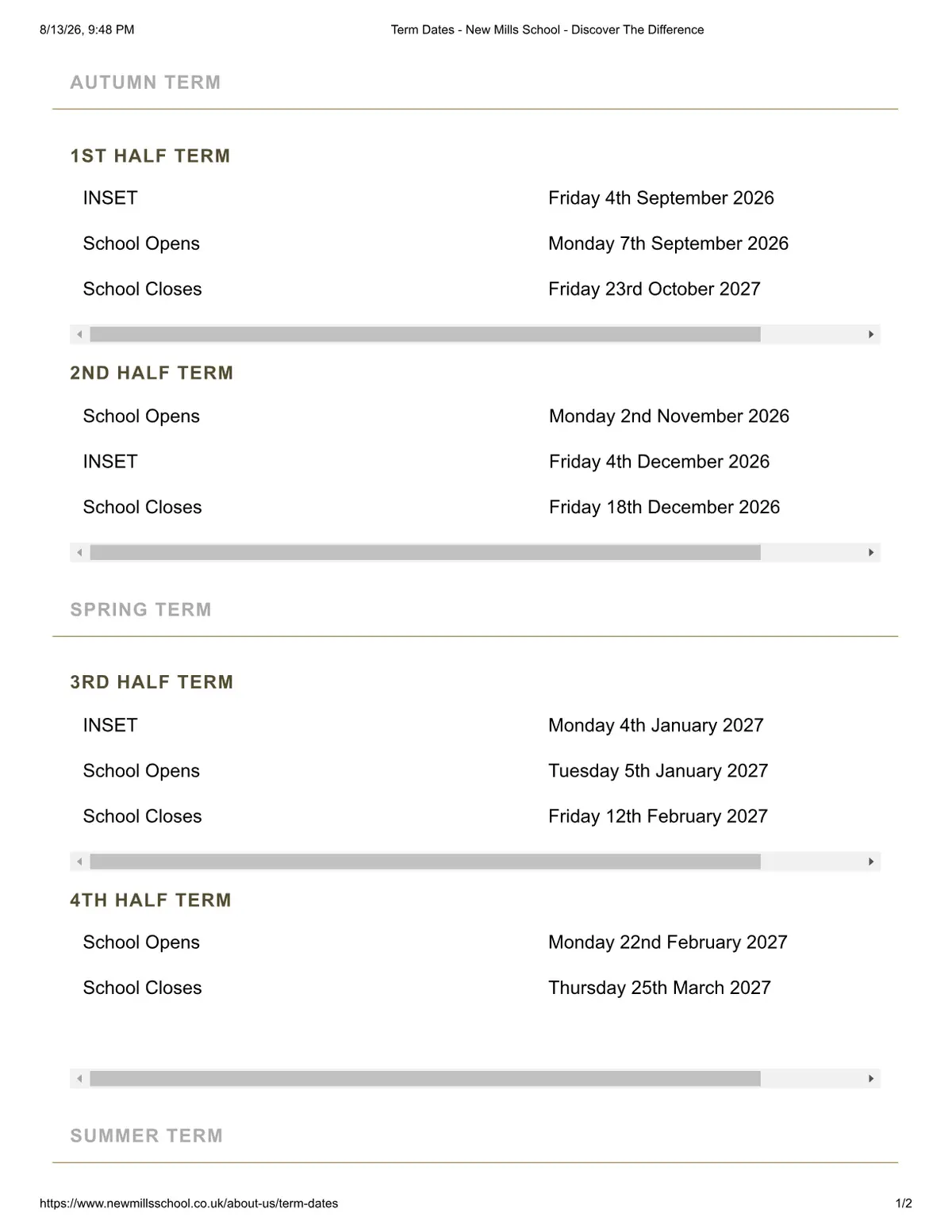 New Mills School term dates
