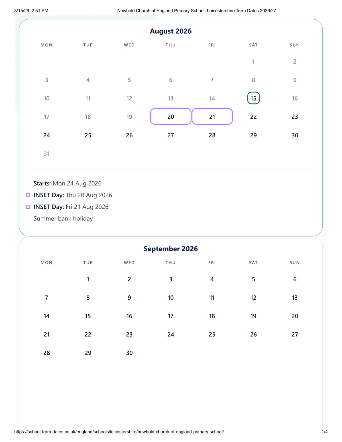 Newbold CofE Primary School original calendar 2026–2027