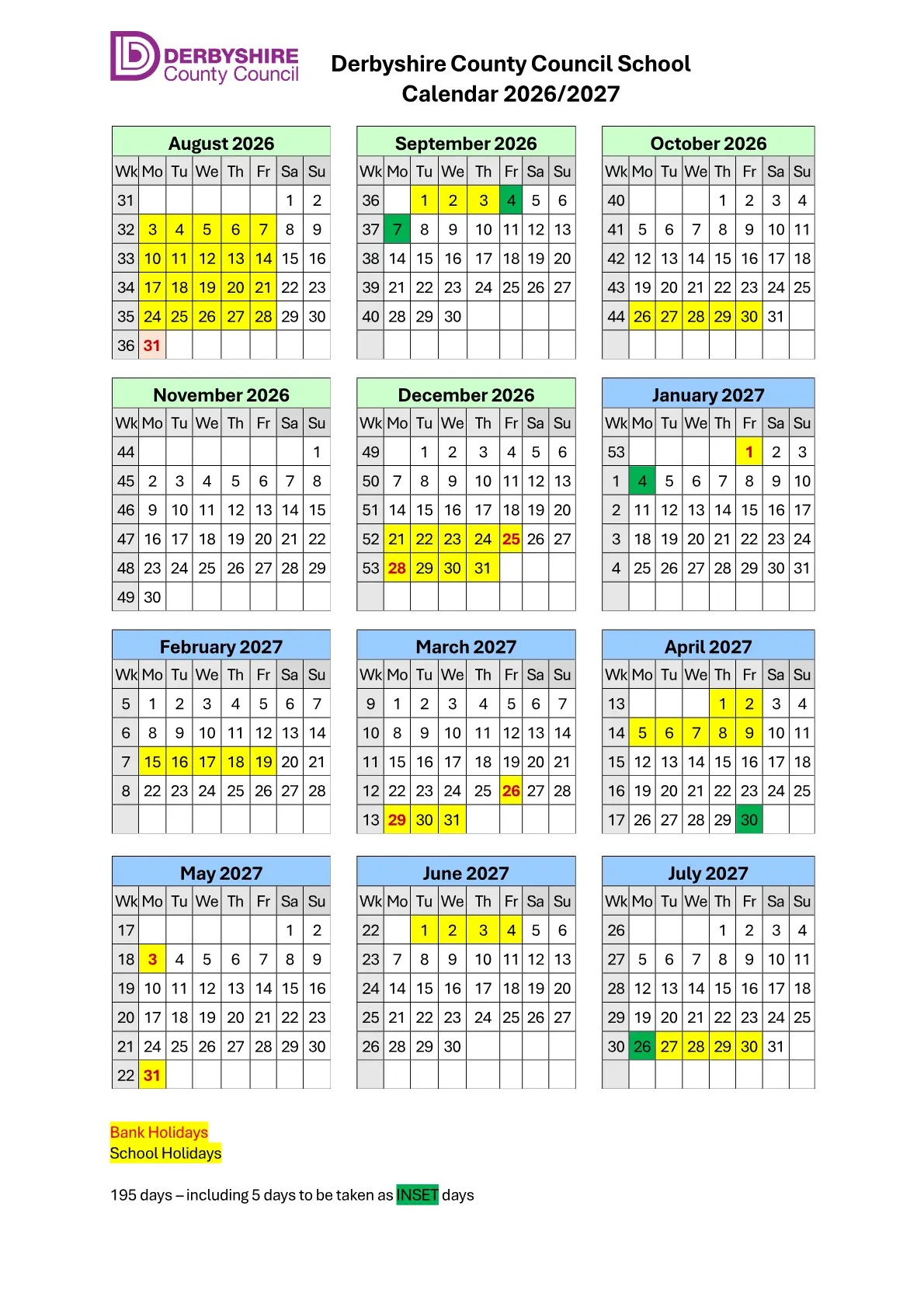 Newhall Infant School original calendar 2026–2027