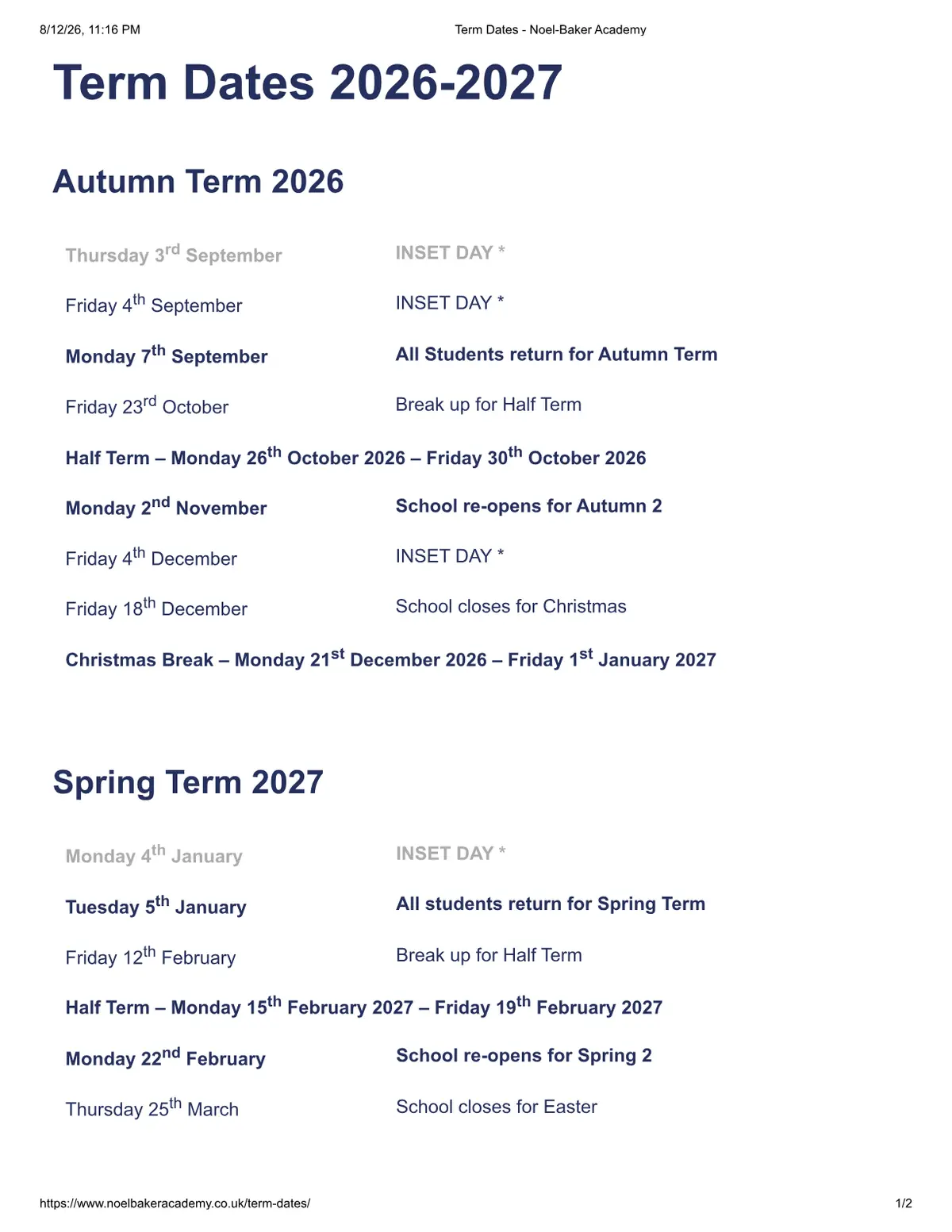 Noel-Baker Academy term dates