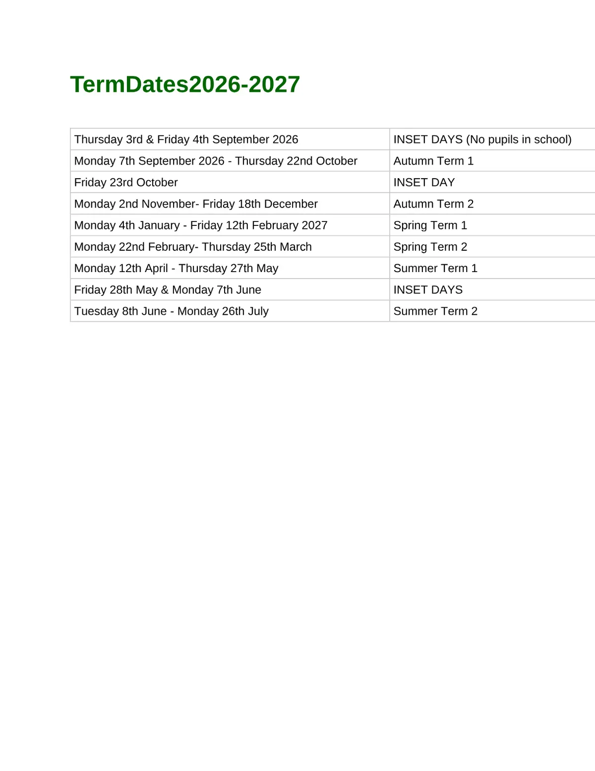 Northfield Junior School original calendar 2026–2027