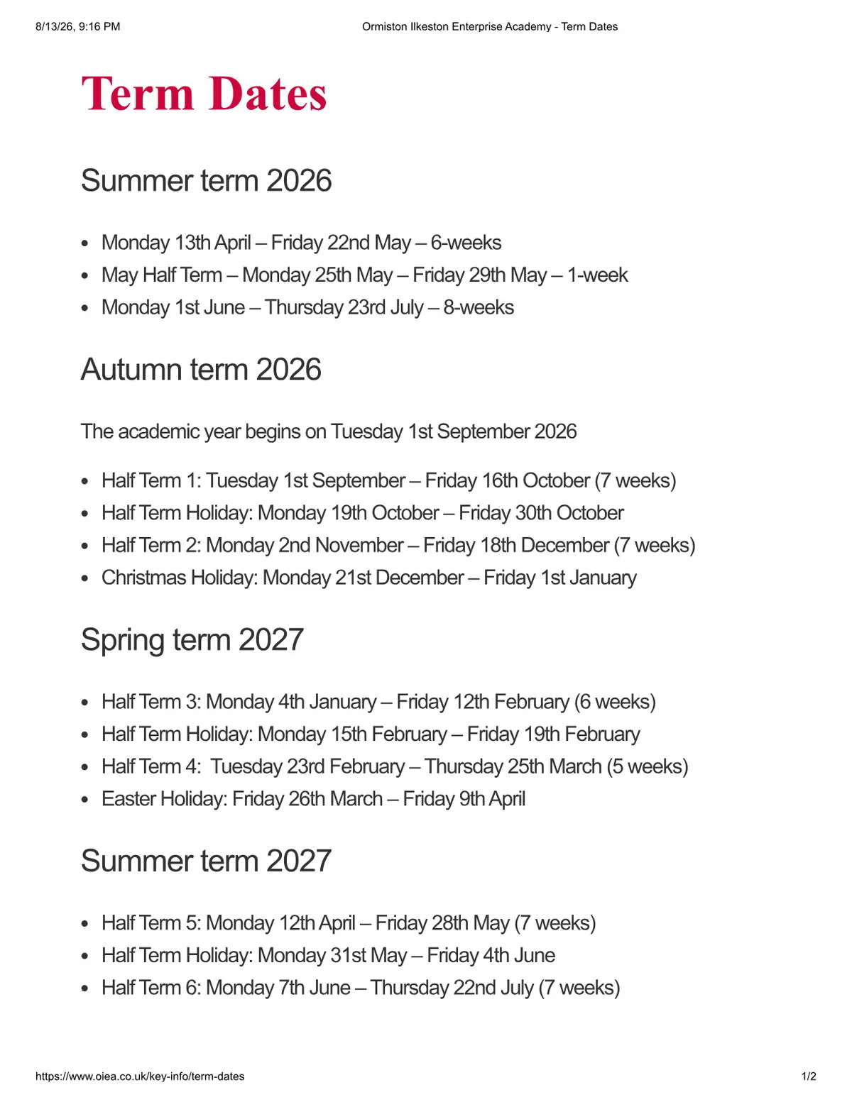 Ormiston Ilkeston Enterprise Academy term dates