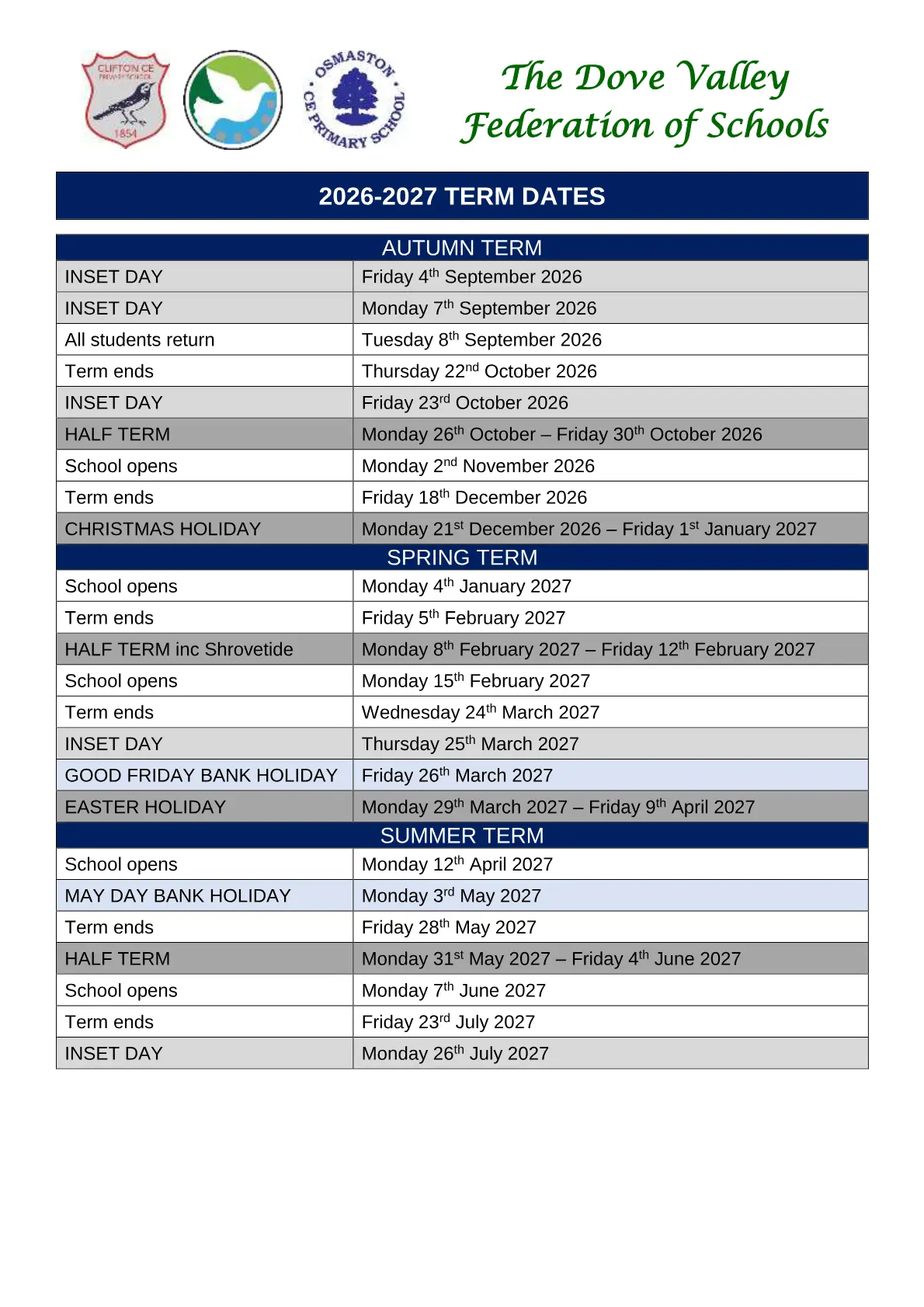 Osmaston CofE (VC) Primary School original calendar 2026–2027