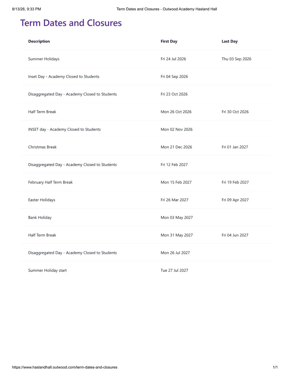Outwood Academy Hasland Hall term dates