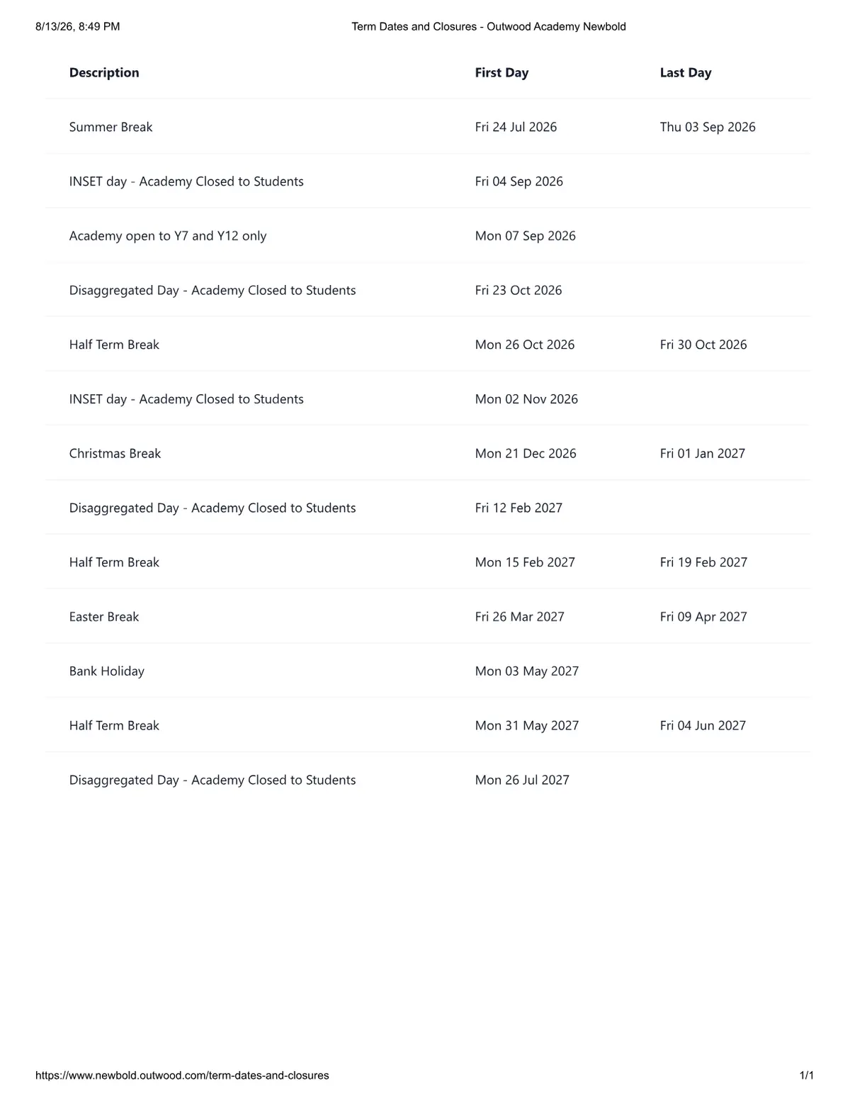 Outwood Academy Newbold term dates