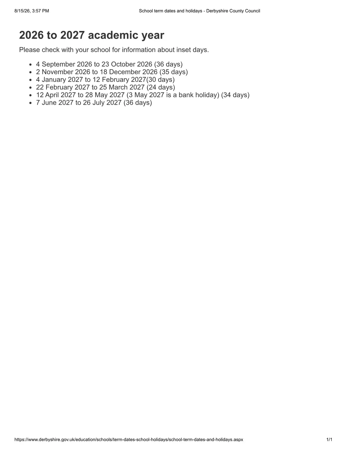 Overseal Primary School original calendar 2026–2027