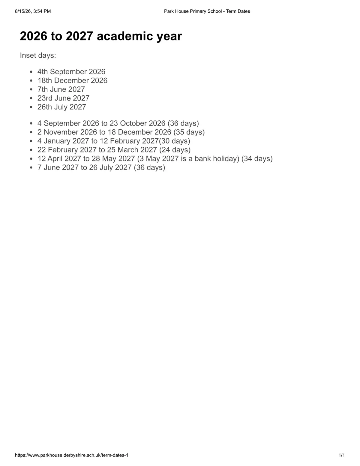 Park House Primary School original calendar 2026–2027