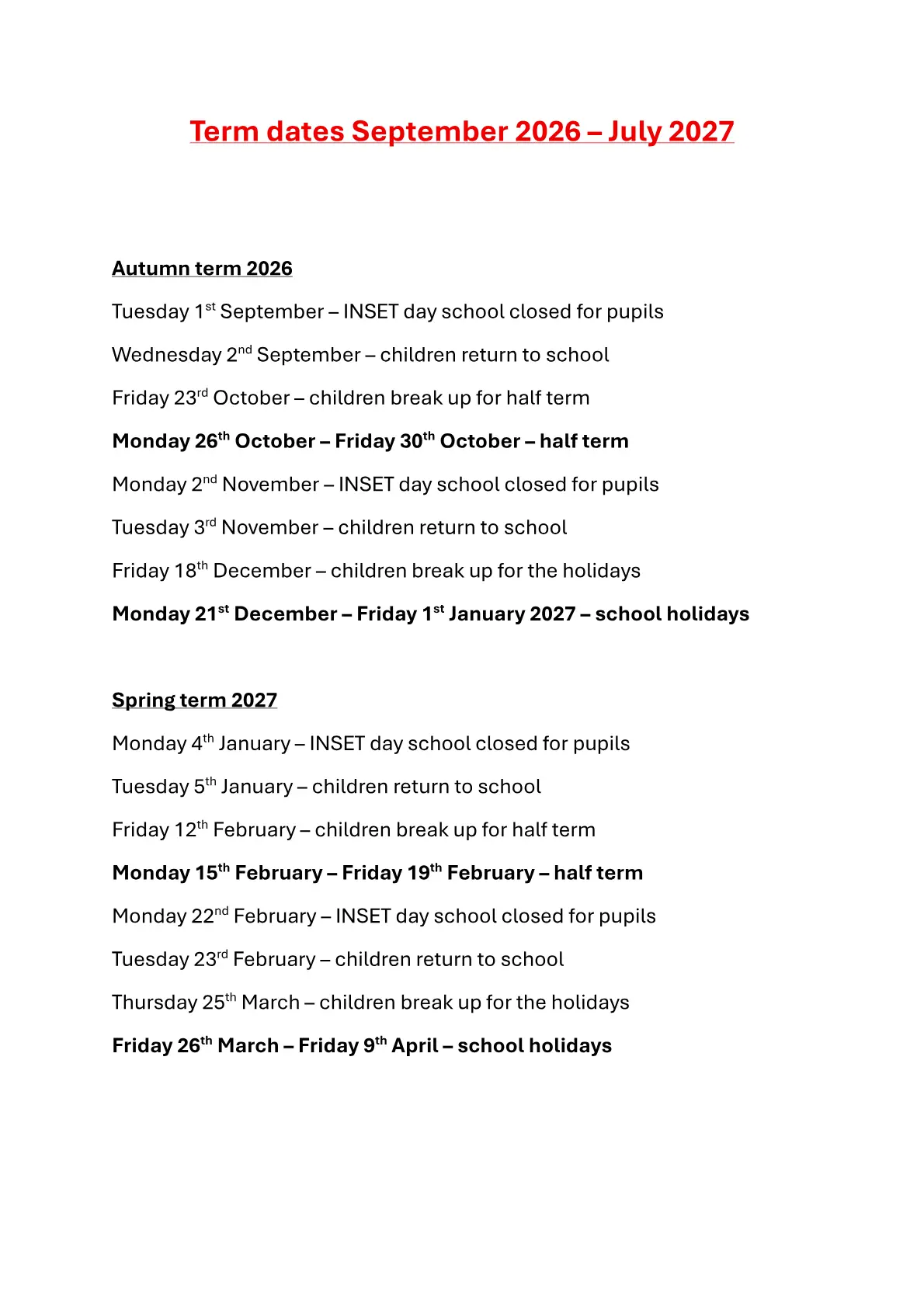 Parklands Infant and Nursery School original calendar 2026–2027