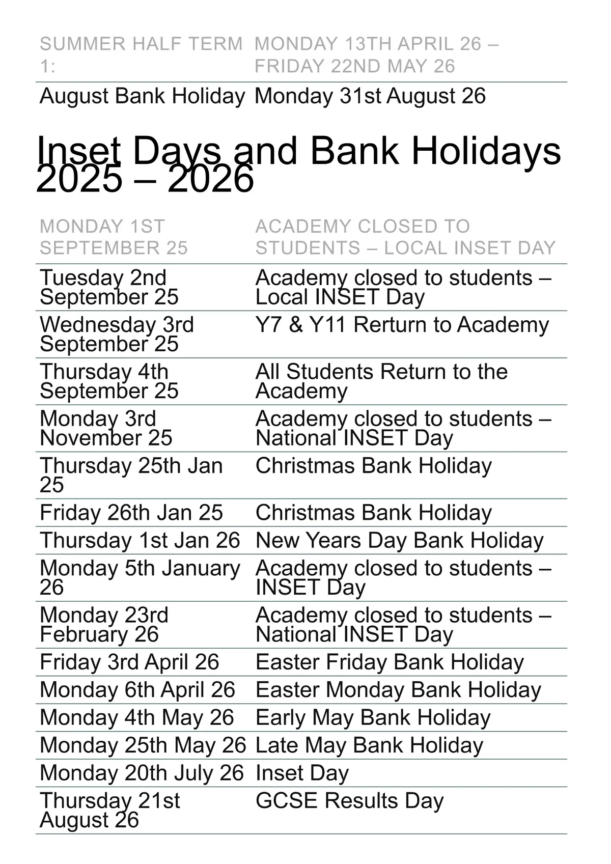 Parkwood Academy term dates