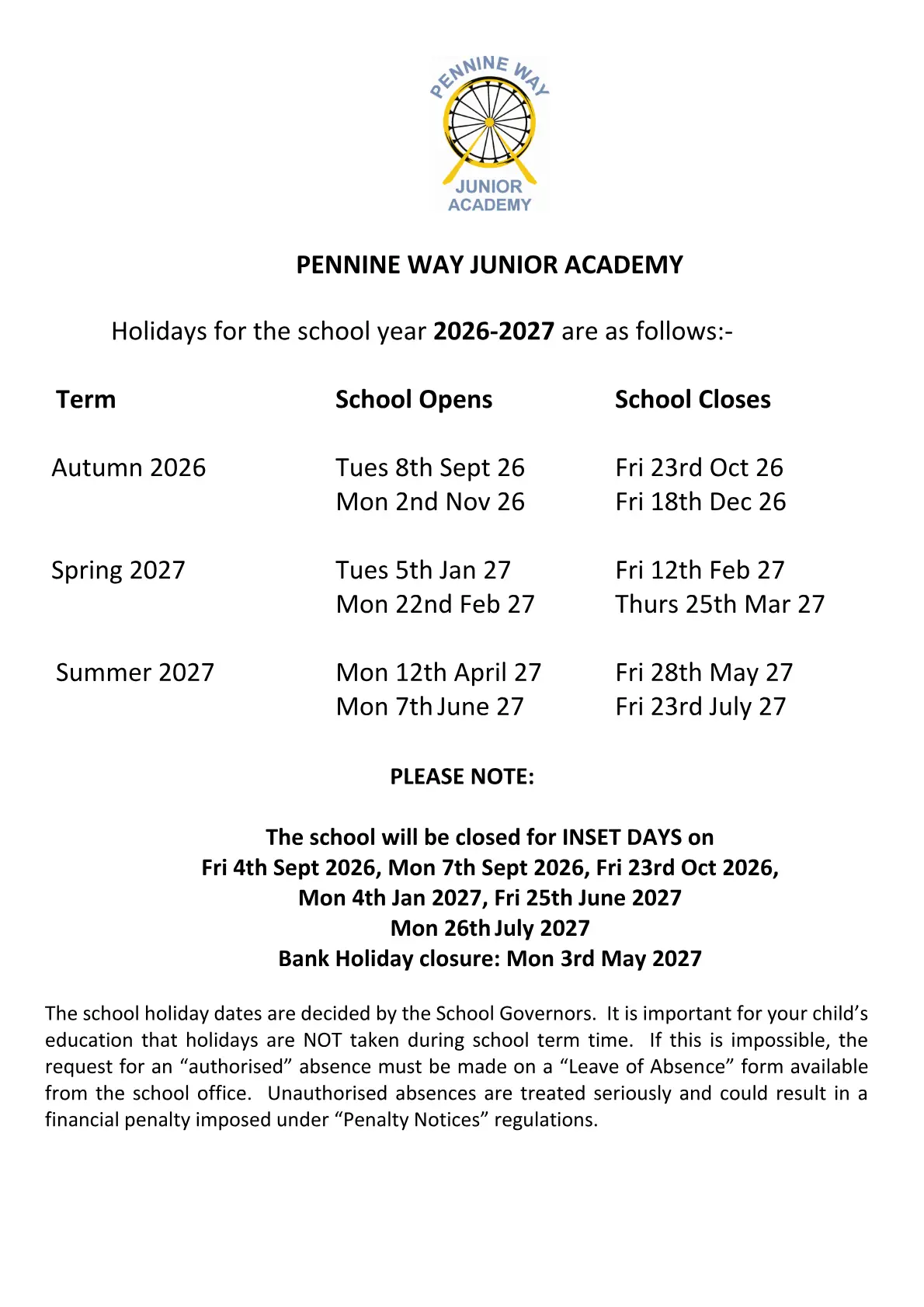 Pennine Way Junior Academy term dates