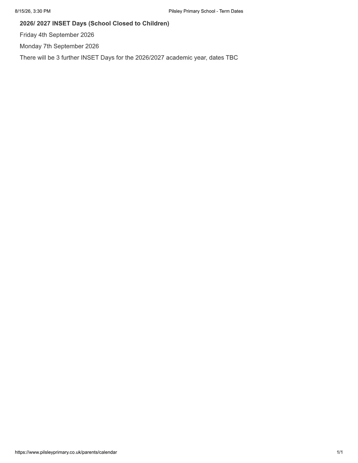 Pilsley Primary School original calendar 2026–2027