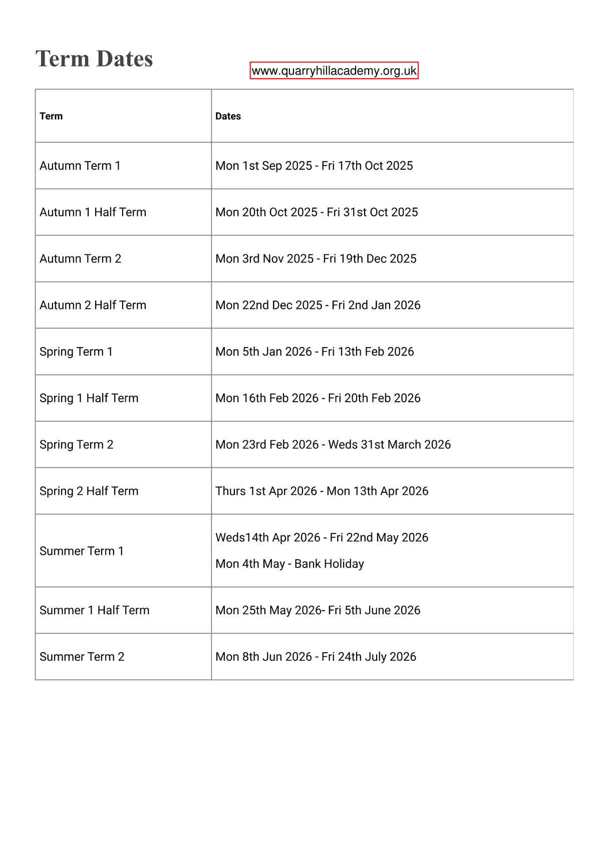 Quarry Hill Academy term dates