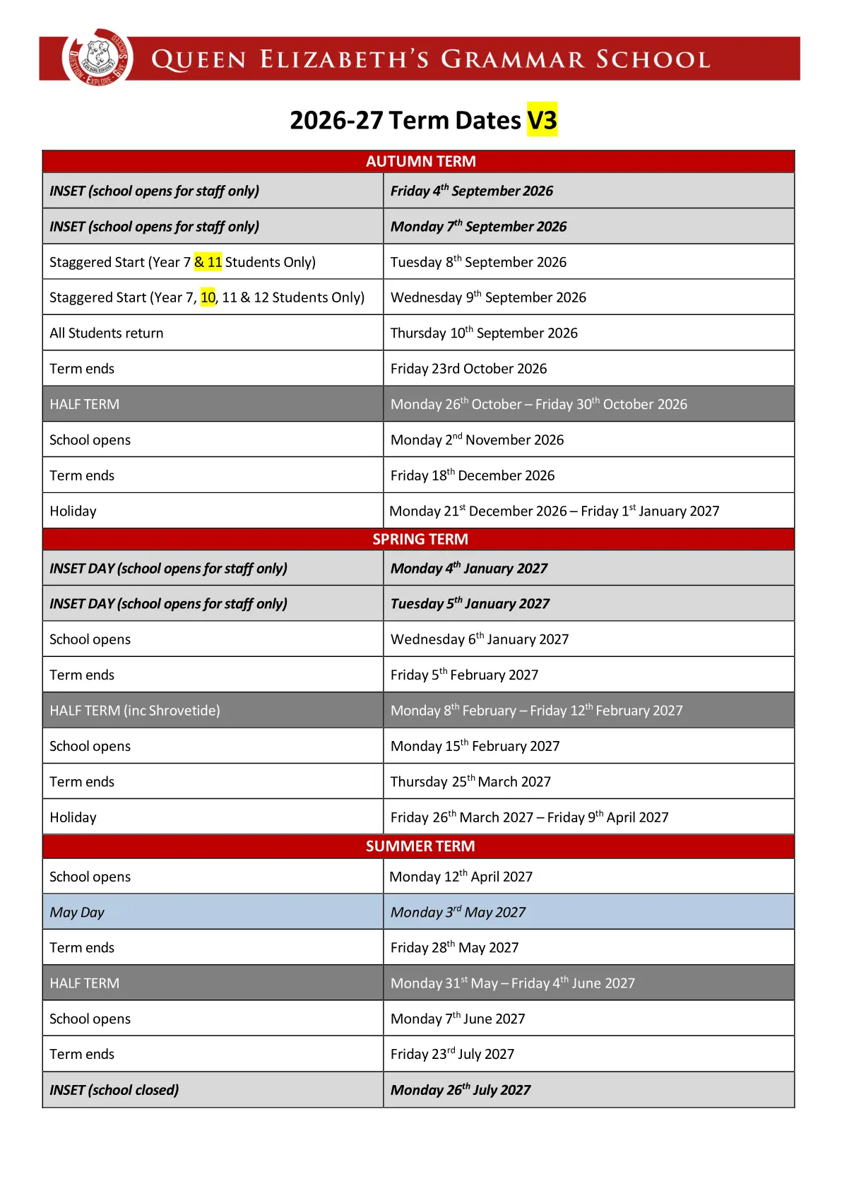 Queen Elizabeth's Grammar School term dates