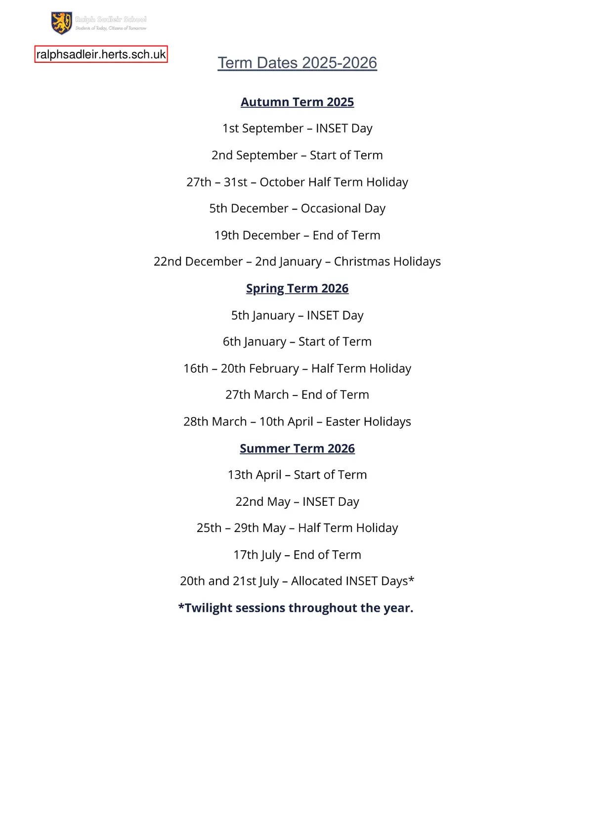 Ralph Sadleir School term dates