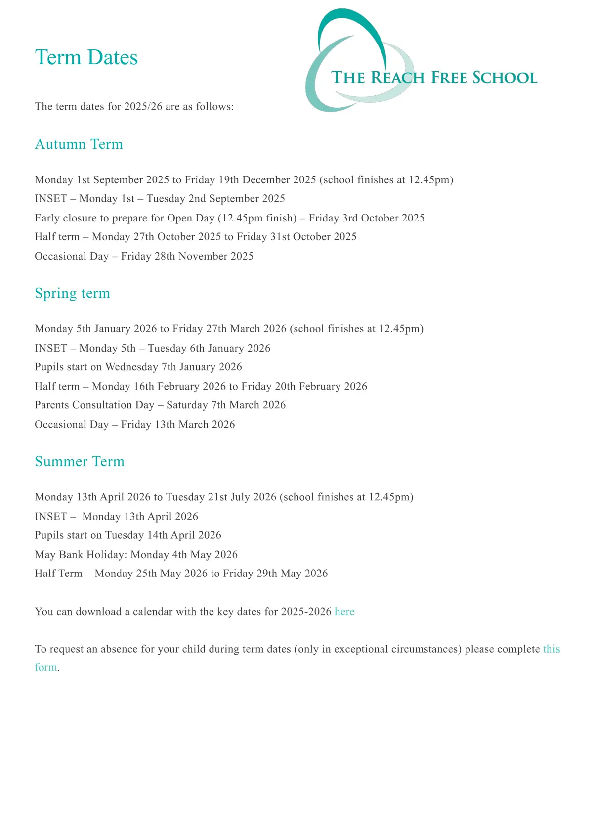 The Reach Free School term dates