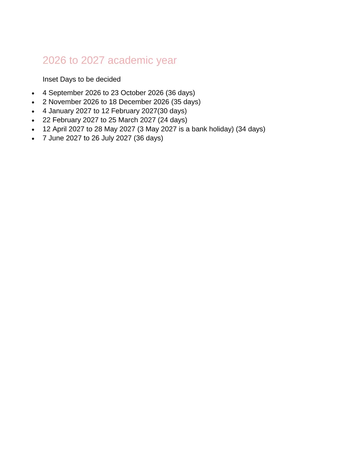 Redhill Primary School original calendar 2026–2027