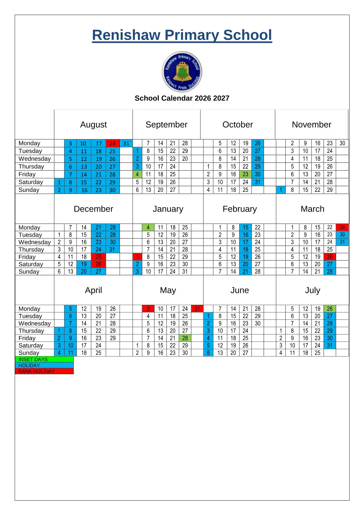 Renishaw Primary School original calendar 2026–2027