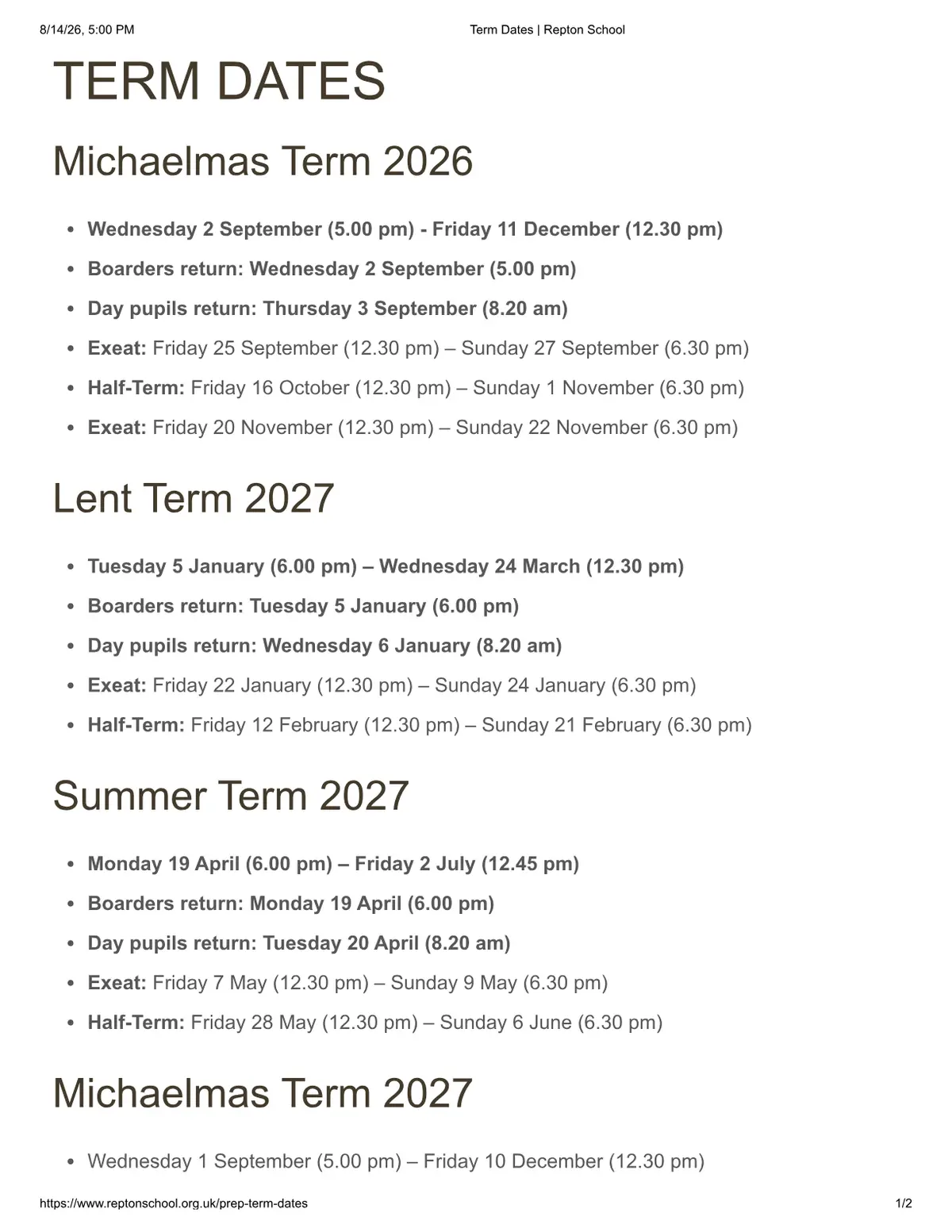 Repton Preparatory School term dates