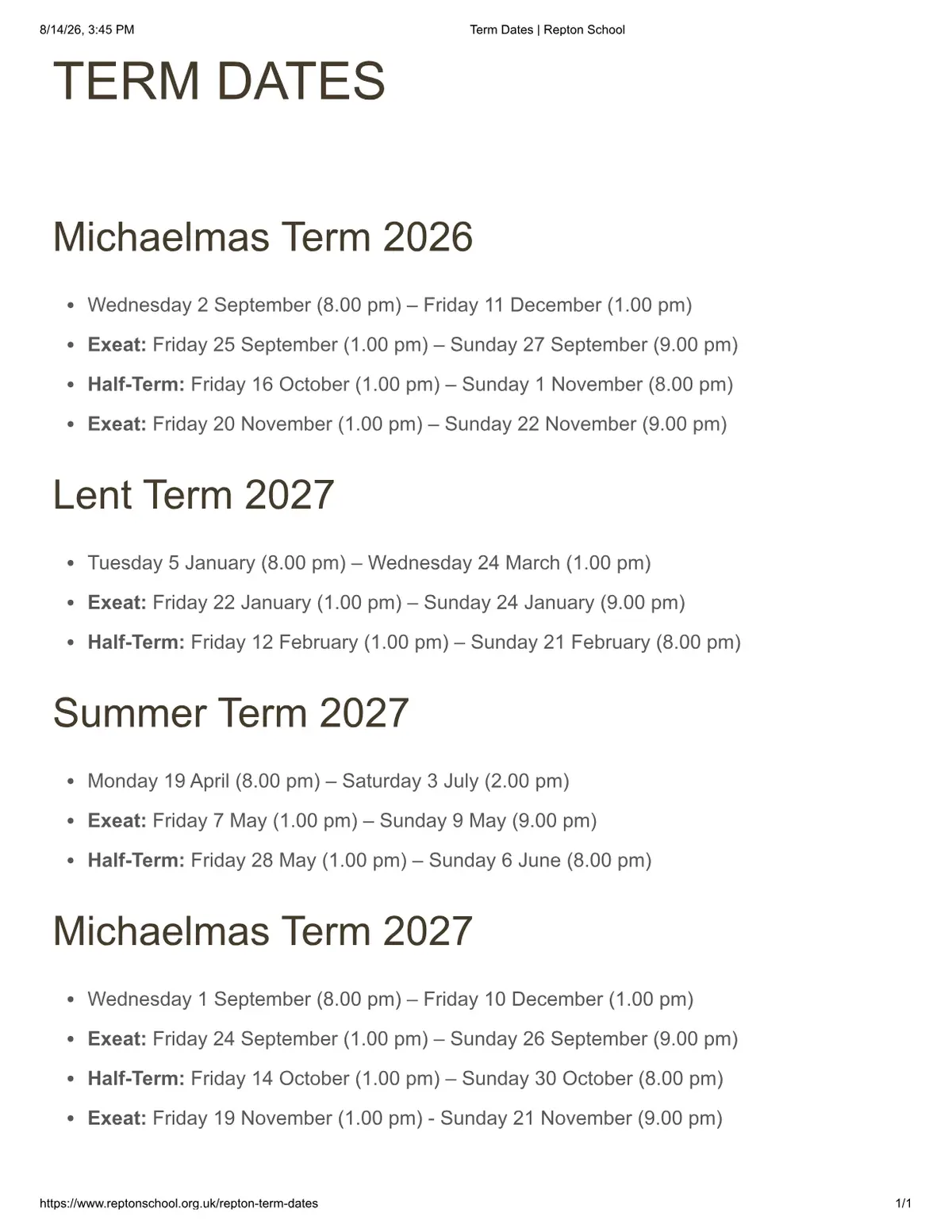 Repton School term dates
