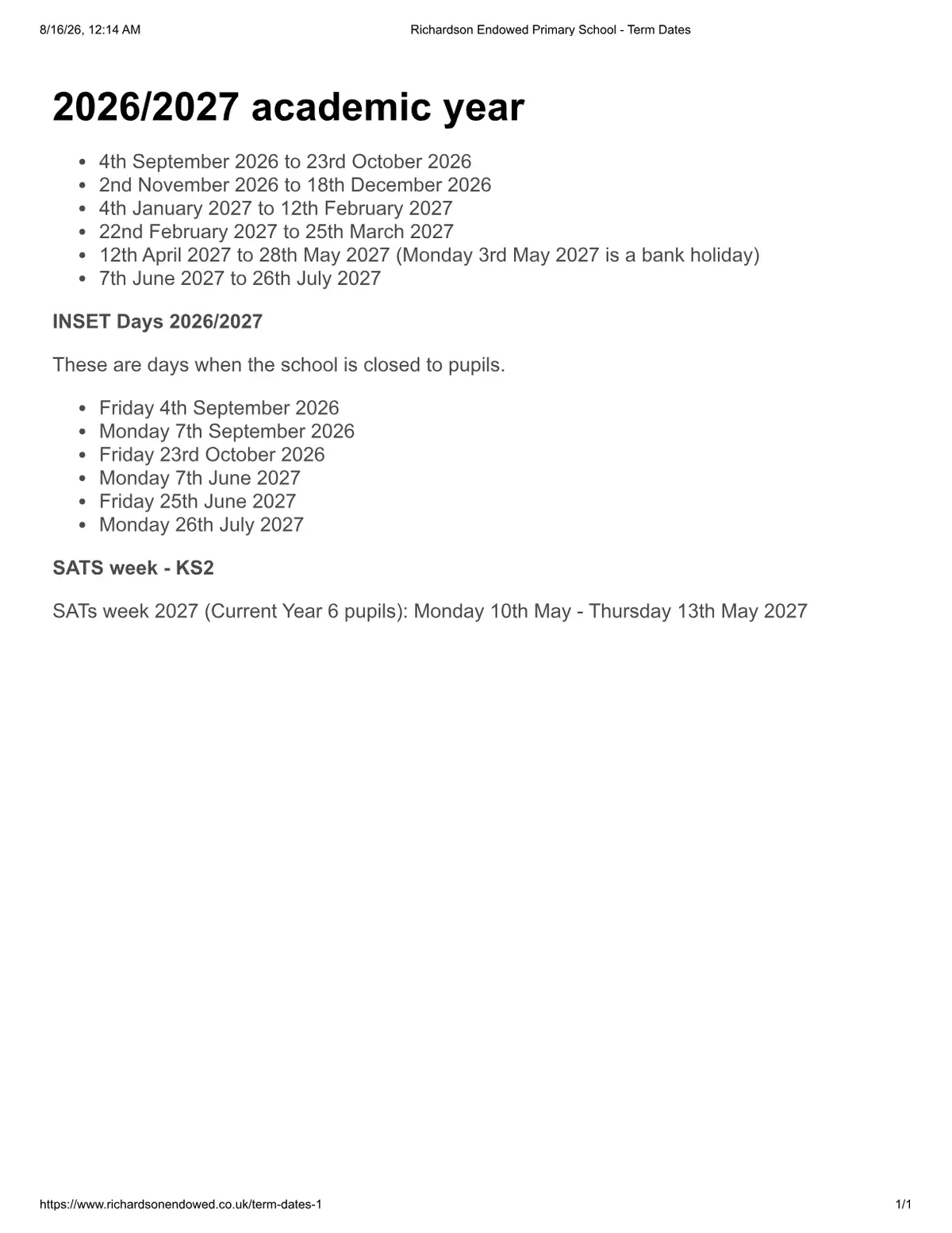 Richardson Endowed Primary School original calendar 2026–2027