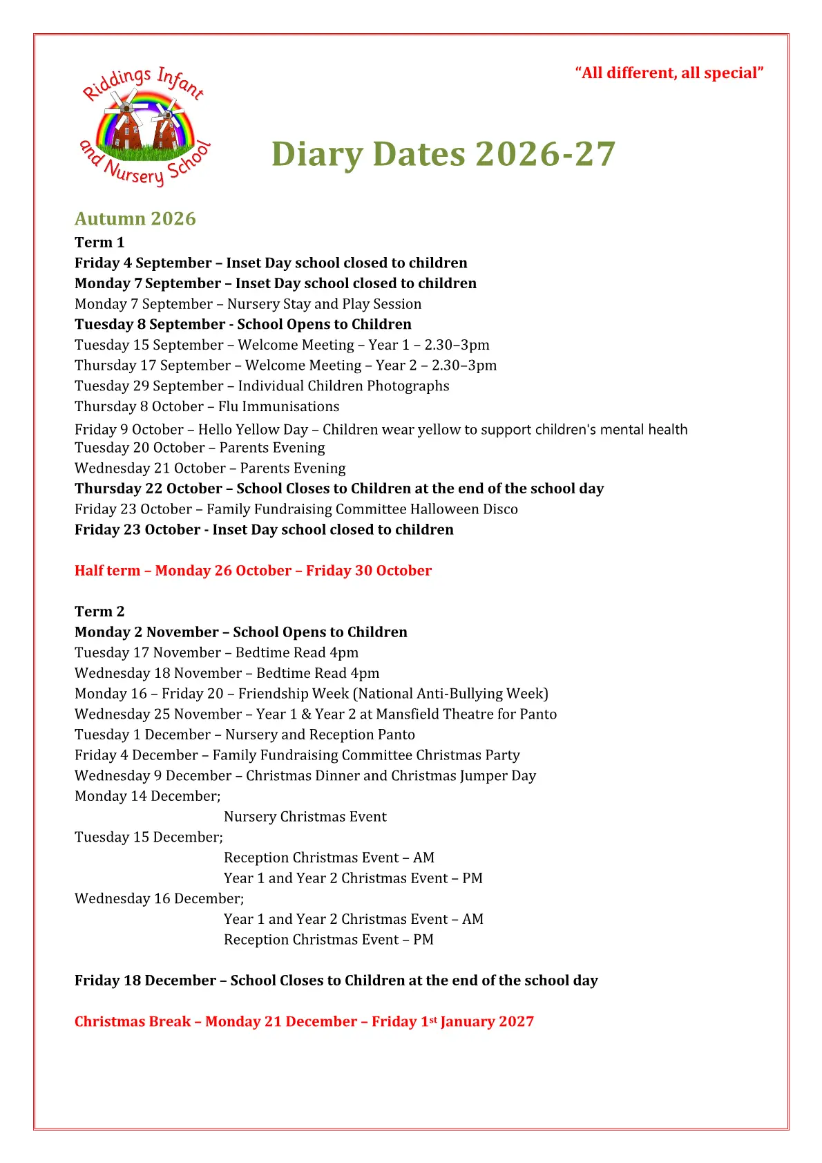 Riddings Infant and Nursery School original calendar 2026–2027