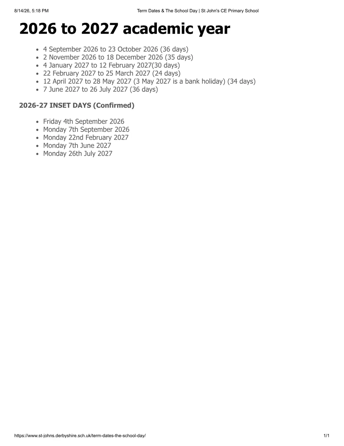 Ripley St John's Church of England Primary School and Nursery term dates