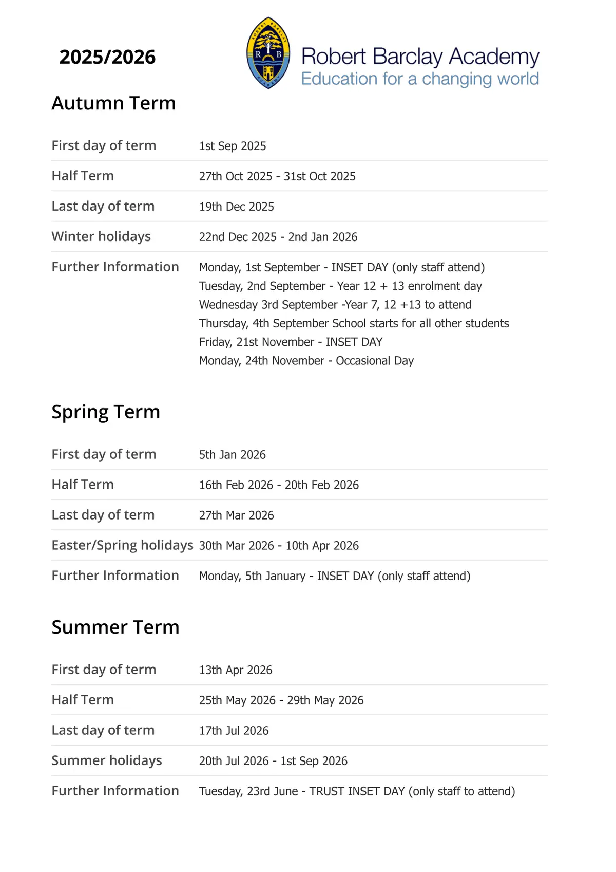Robert Barclay Academy term dates