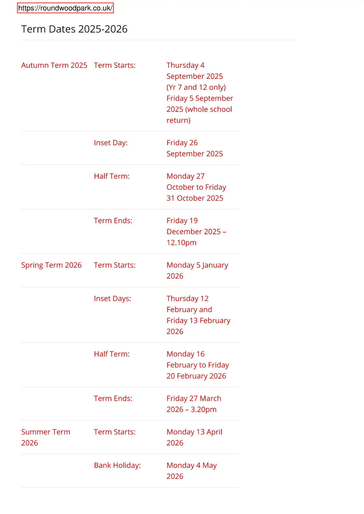 Roundwood Park School term dates