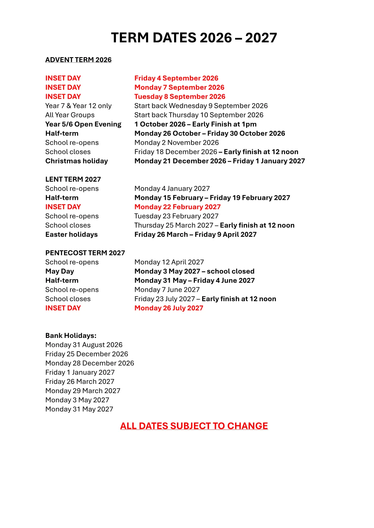 Saint Benedict, A Catholic Voluntary Academy term dates