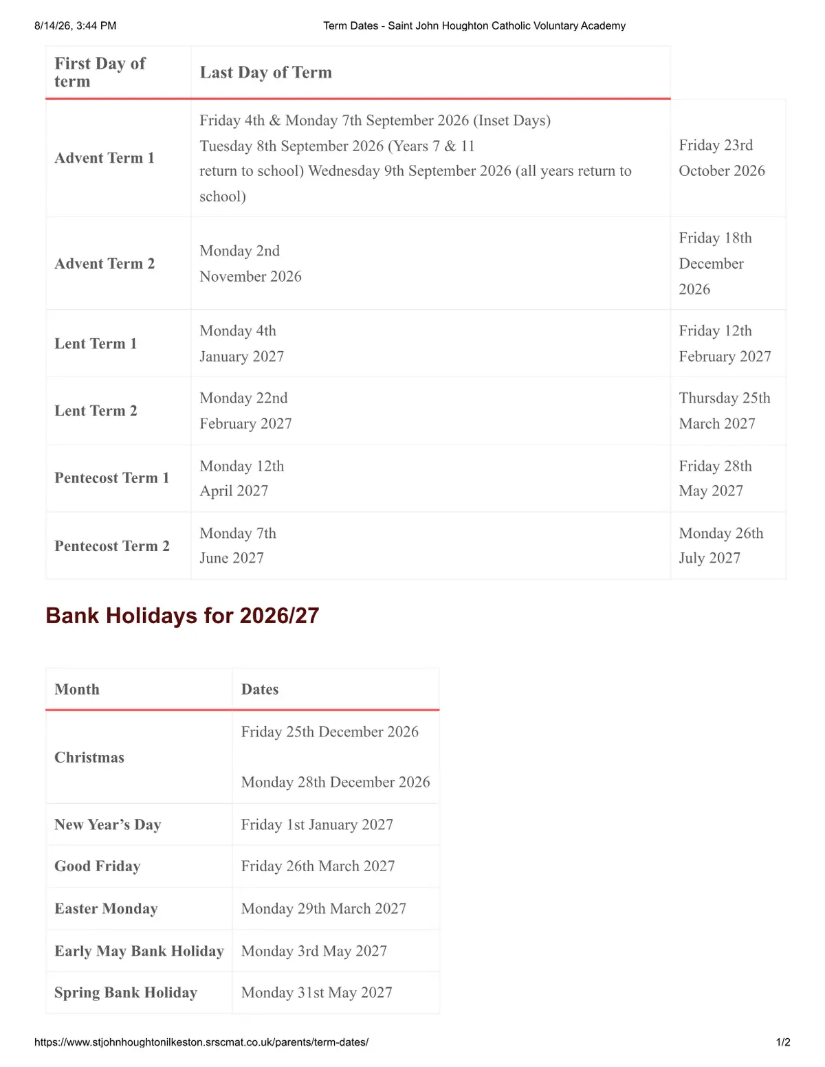 Saint John Houghton Catholic Voluntary Academy term dates