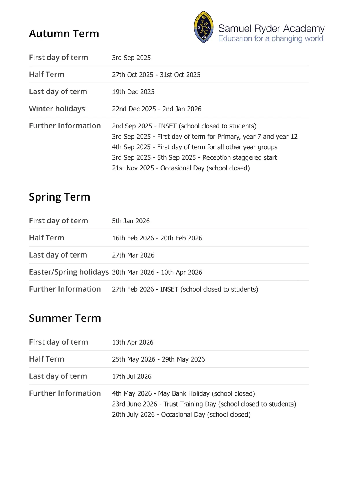 Samuel Ryder Academy term dates