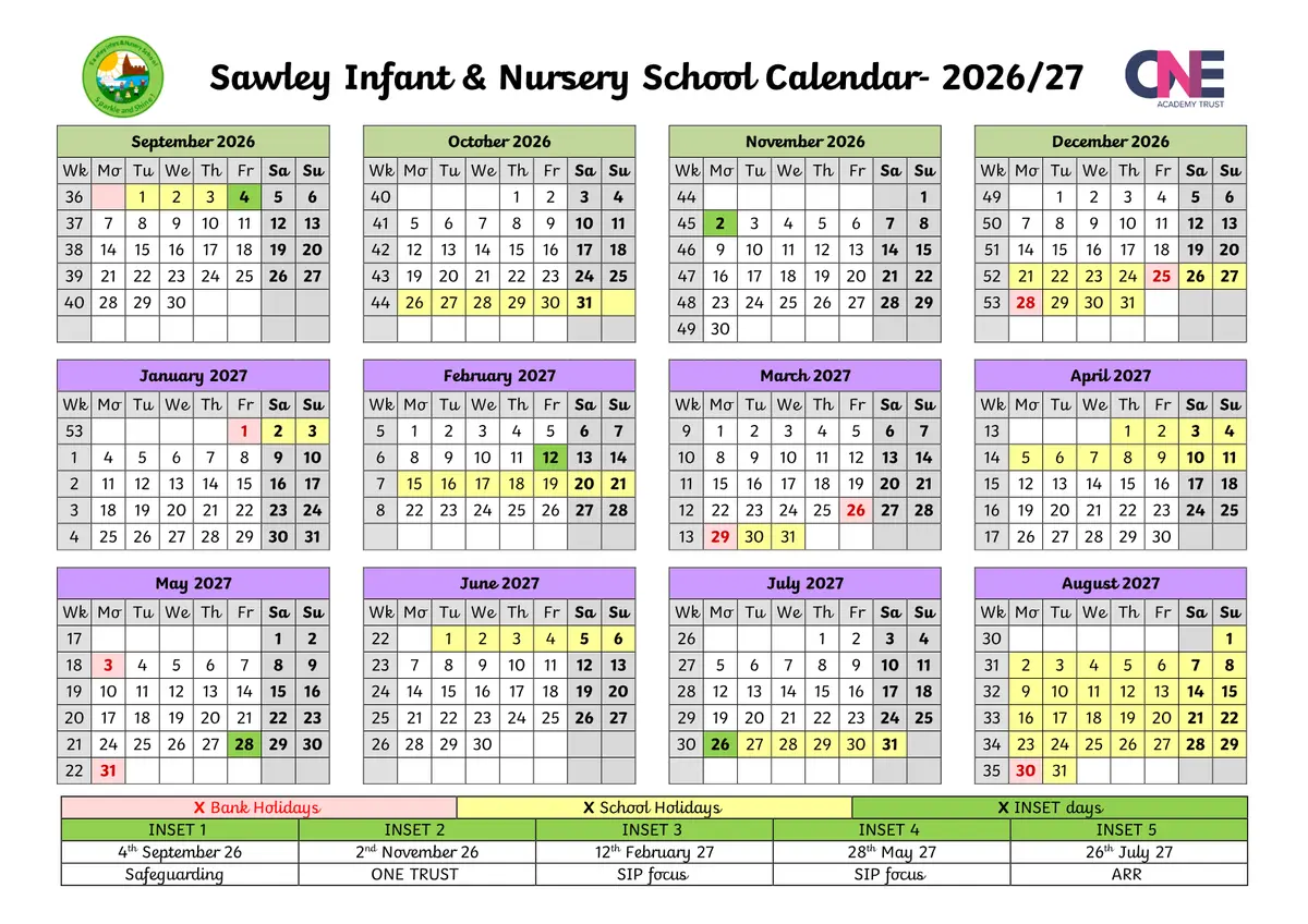 Sawley Infant and Nursery School original calendar 2026–2027