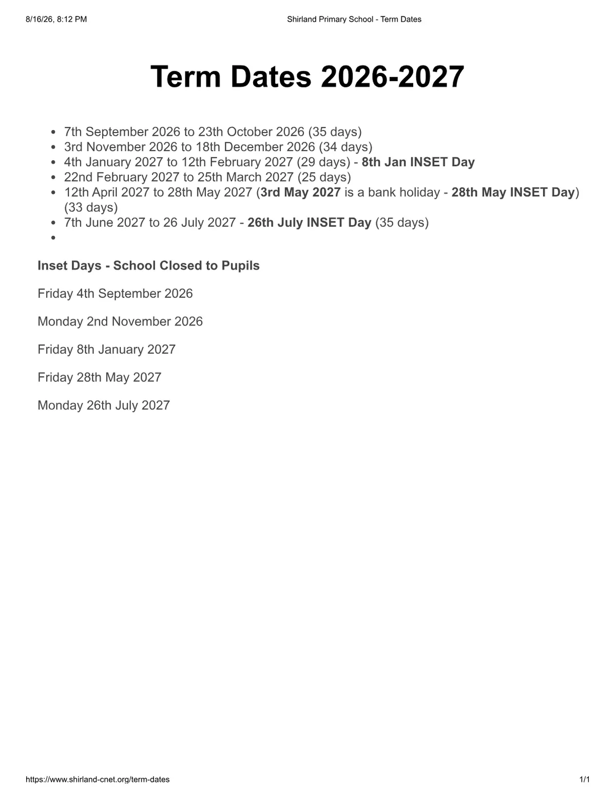 Shirland Primary School original calendar 2026–2027
