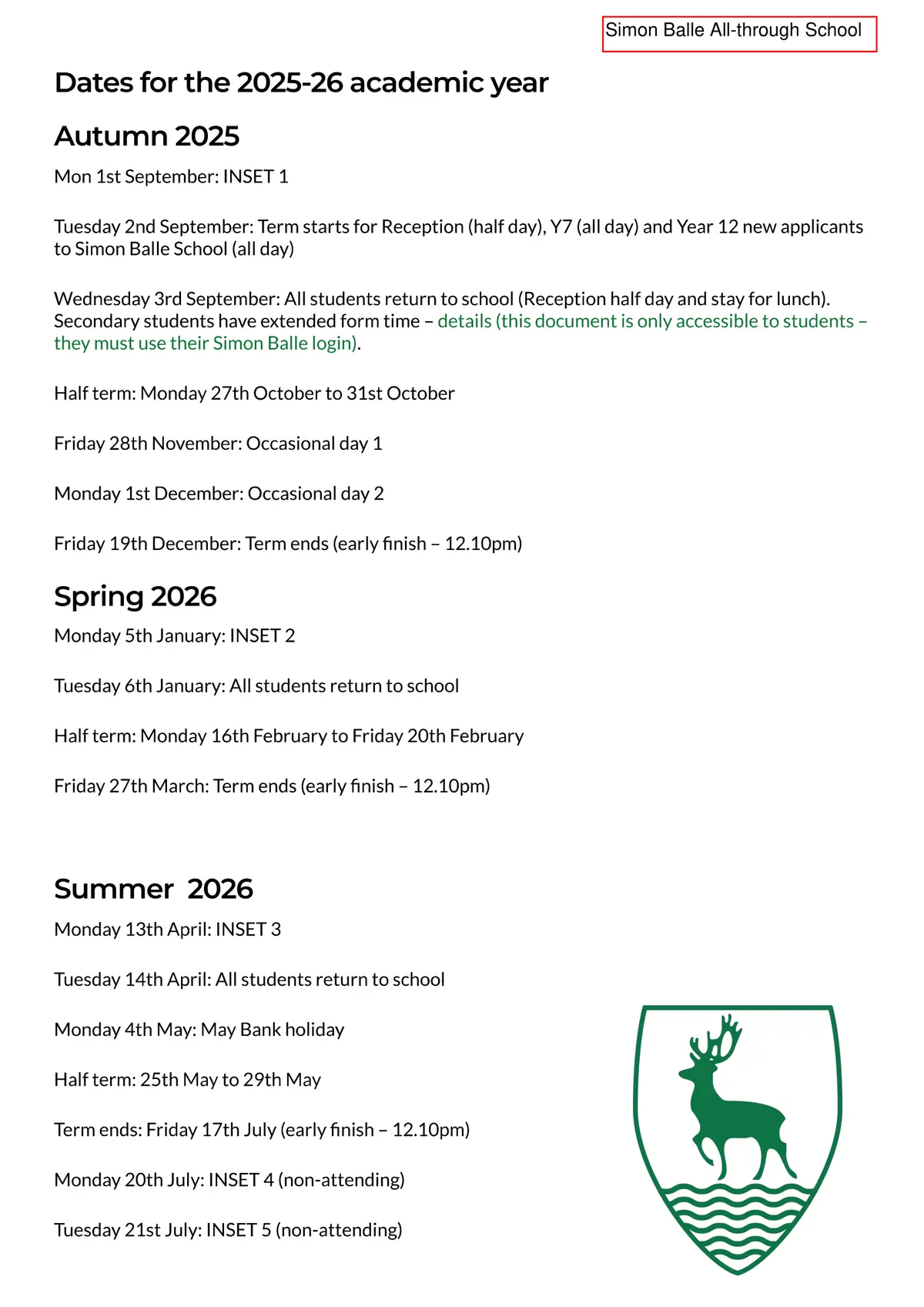 Simon Balle All-Through School term dates