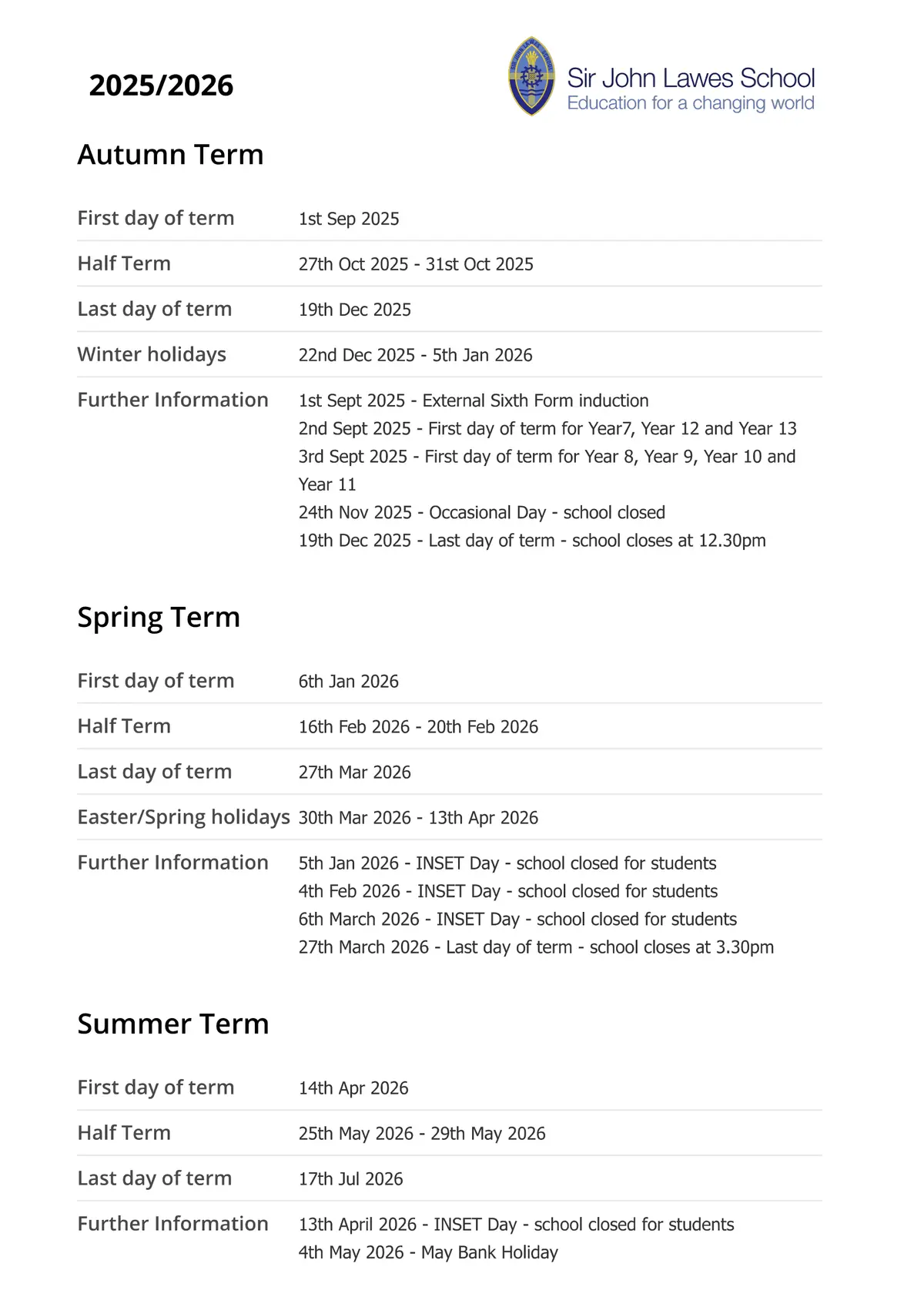Sir John Lawes School term dates