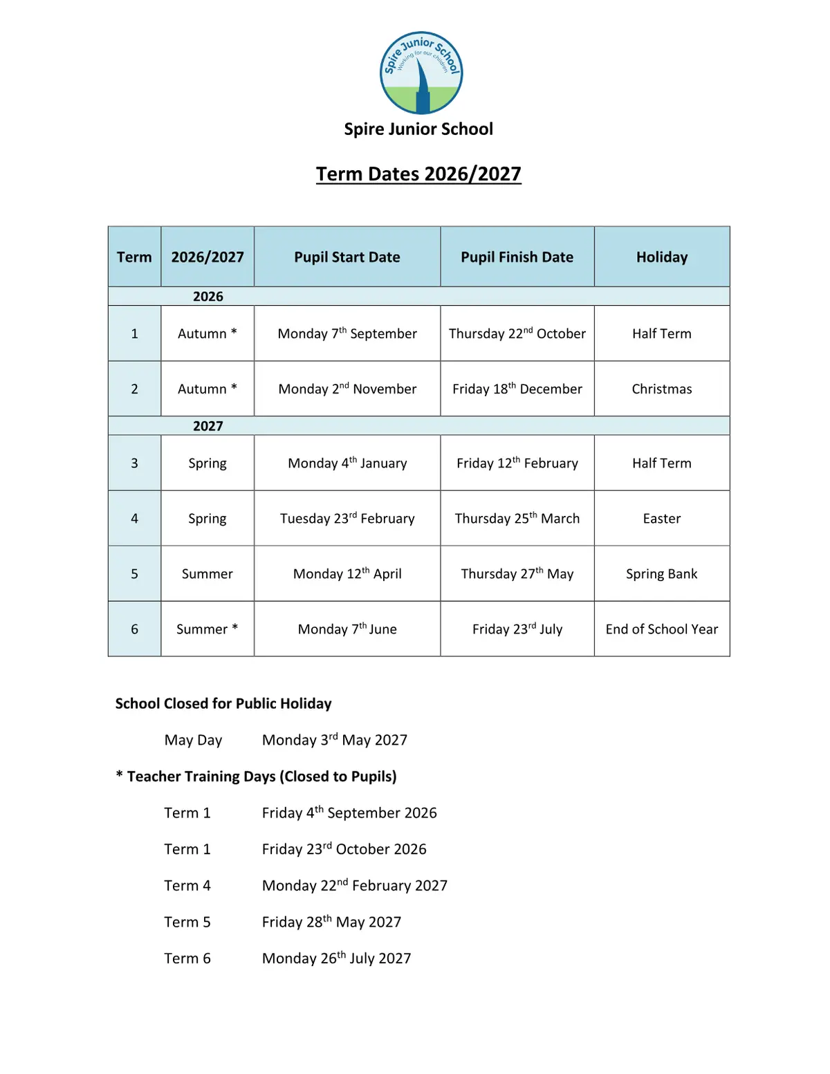 Spire Junior School original calendar 2026–2027