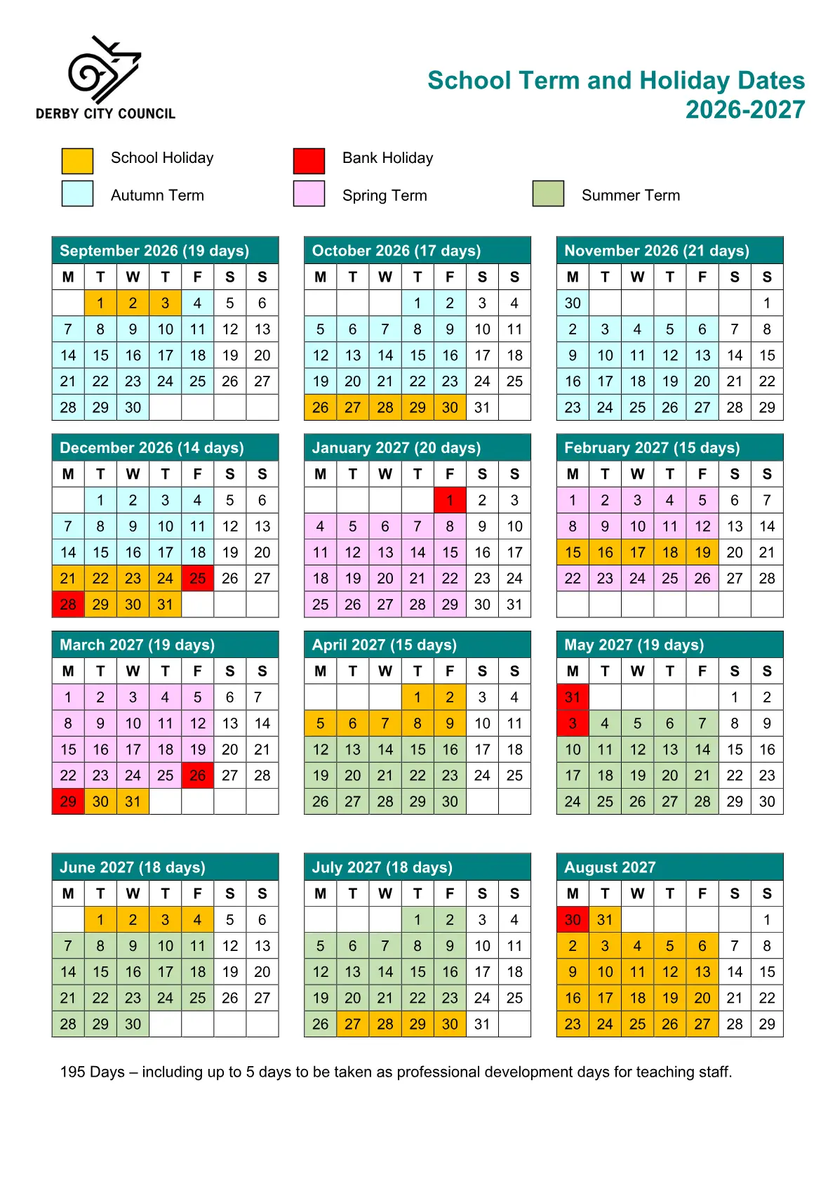 Springfield Junior School original calendar 2026–2027