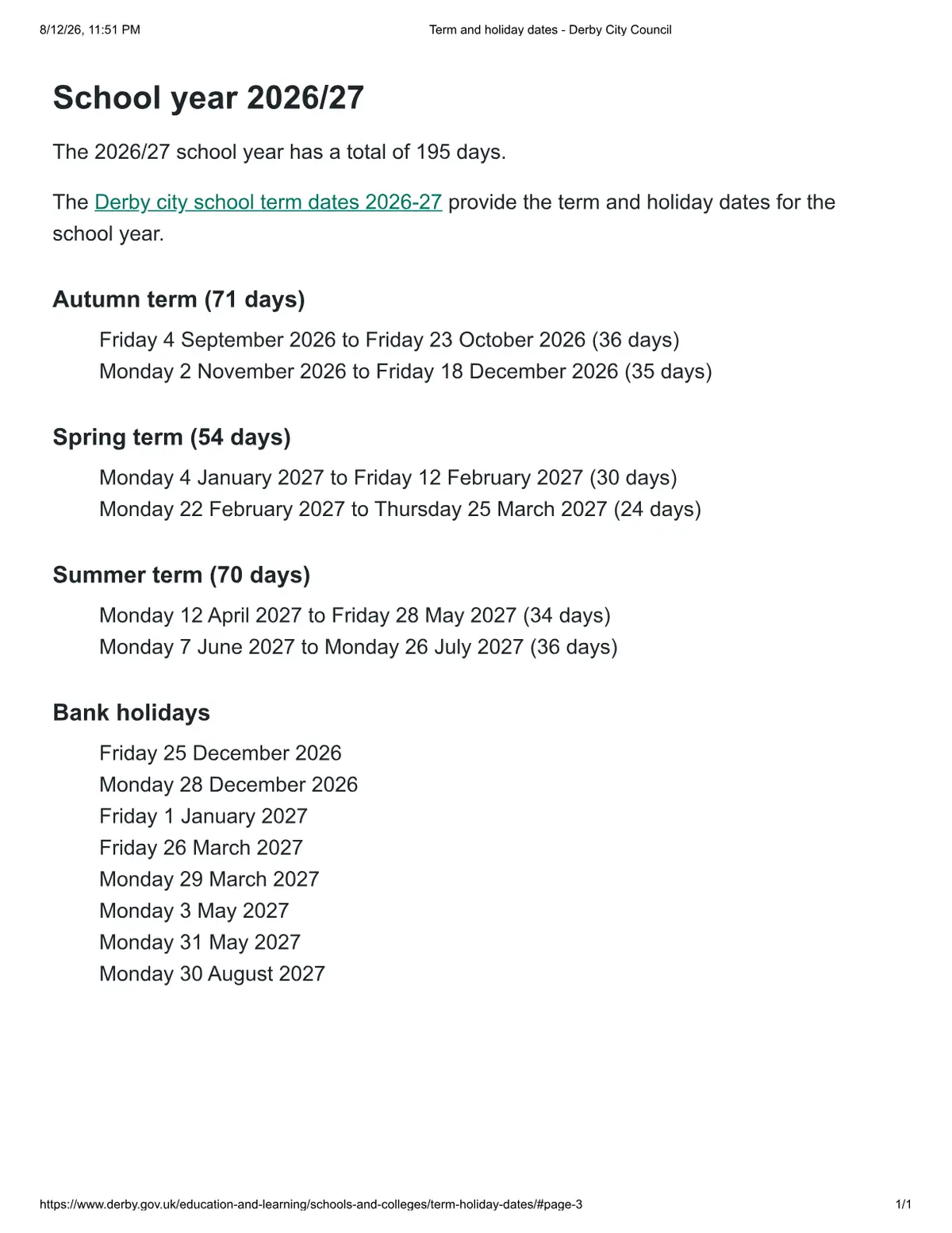 Springfield Primary School term dates