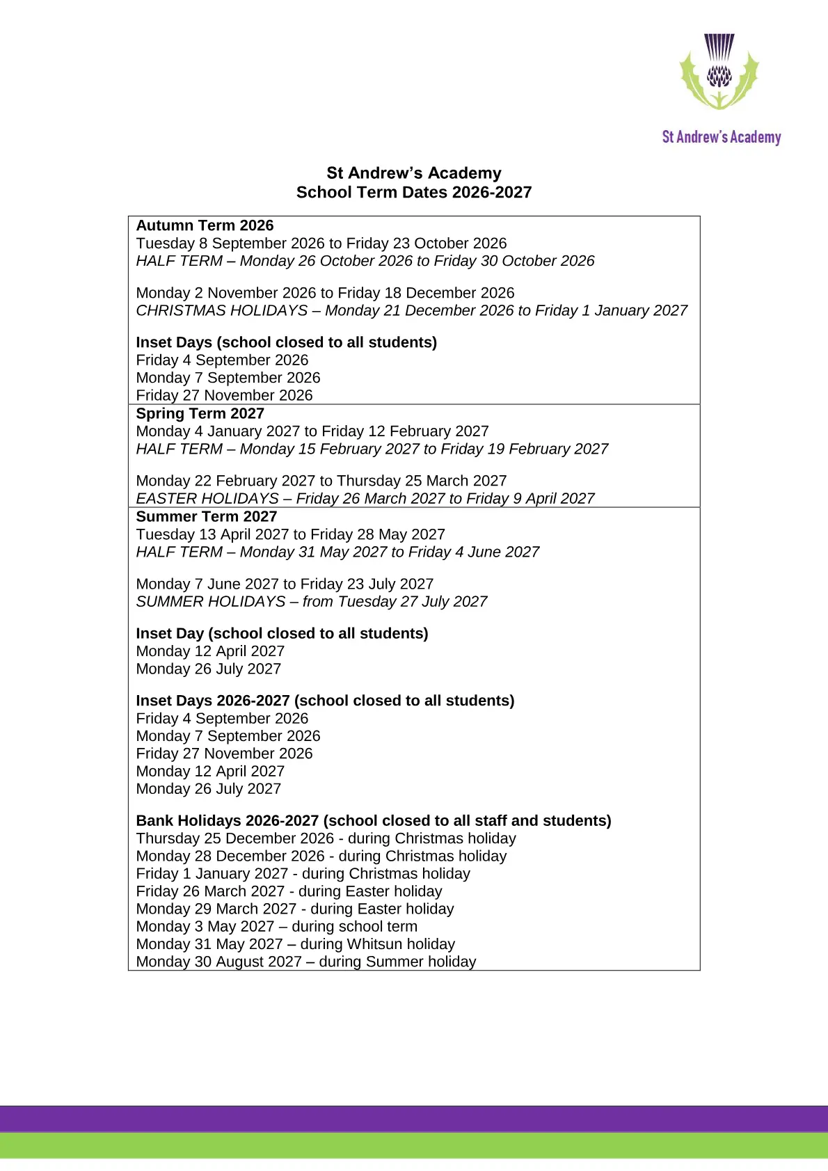 St Andrew's Academy term dates