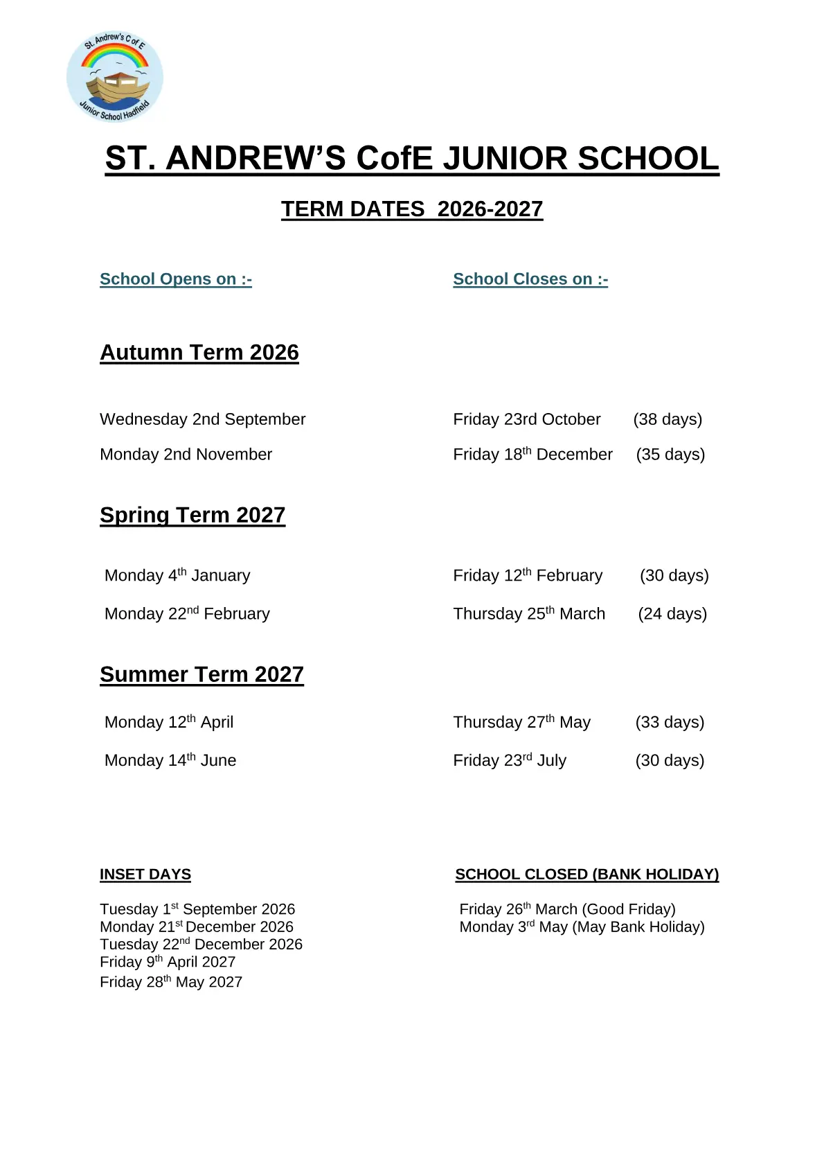 St Andrew's CofE Junior School original calendar 2026–2027