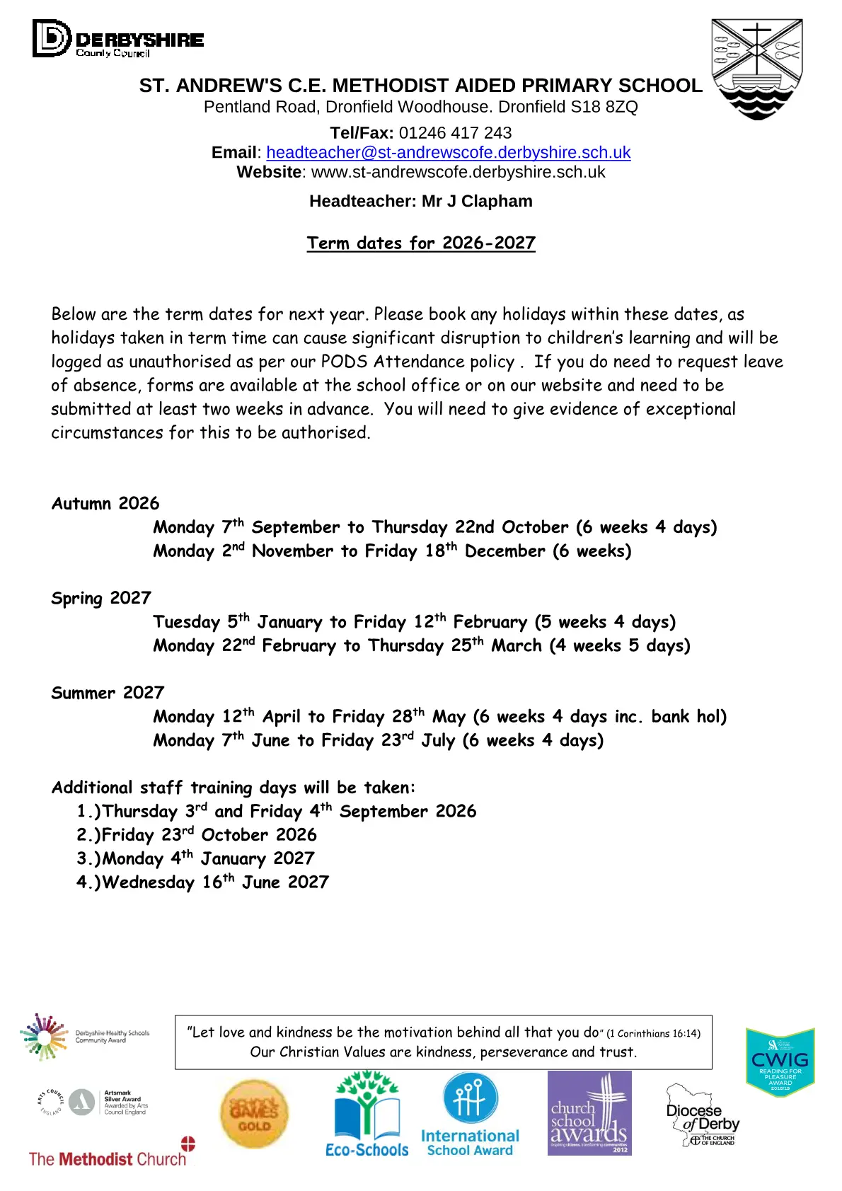 St Andrew's CofE Methodist (Aided) Primary School original calendar 2026–2027