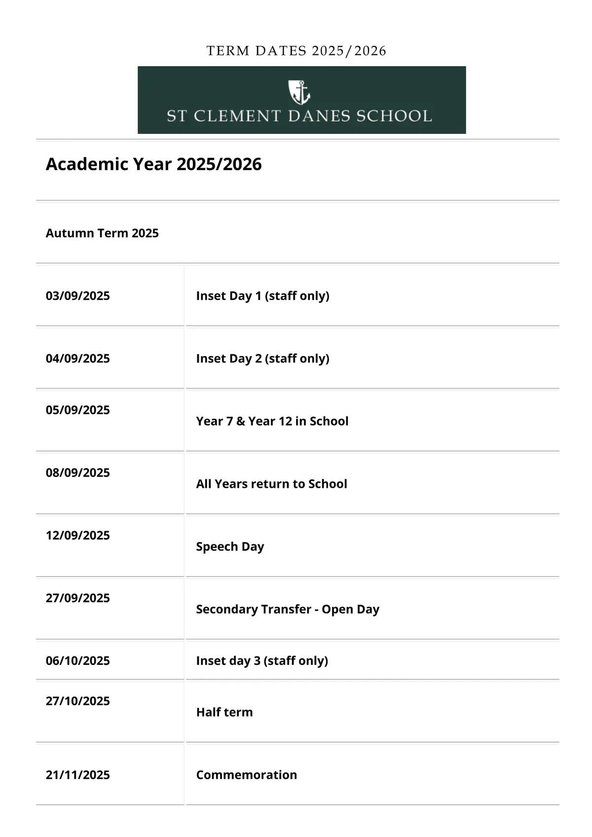 St Clement Danes School term dates