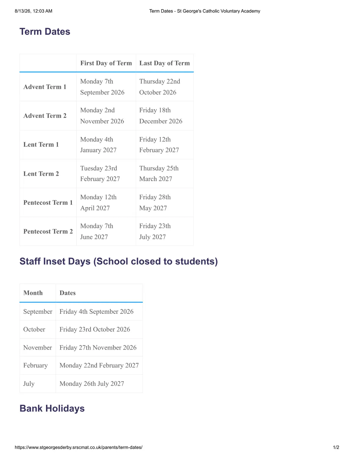 St George's Catholic Voluntary Academy term dates